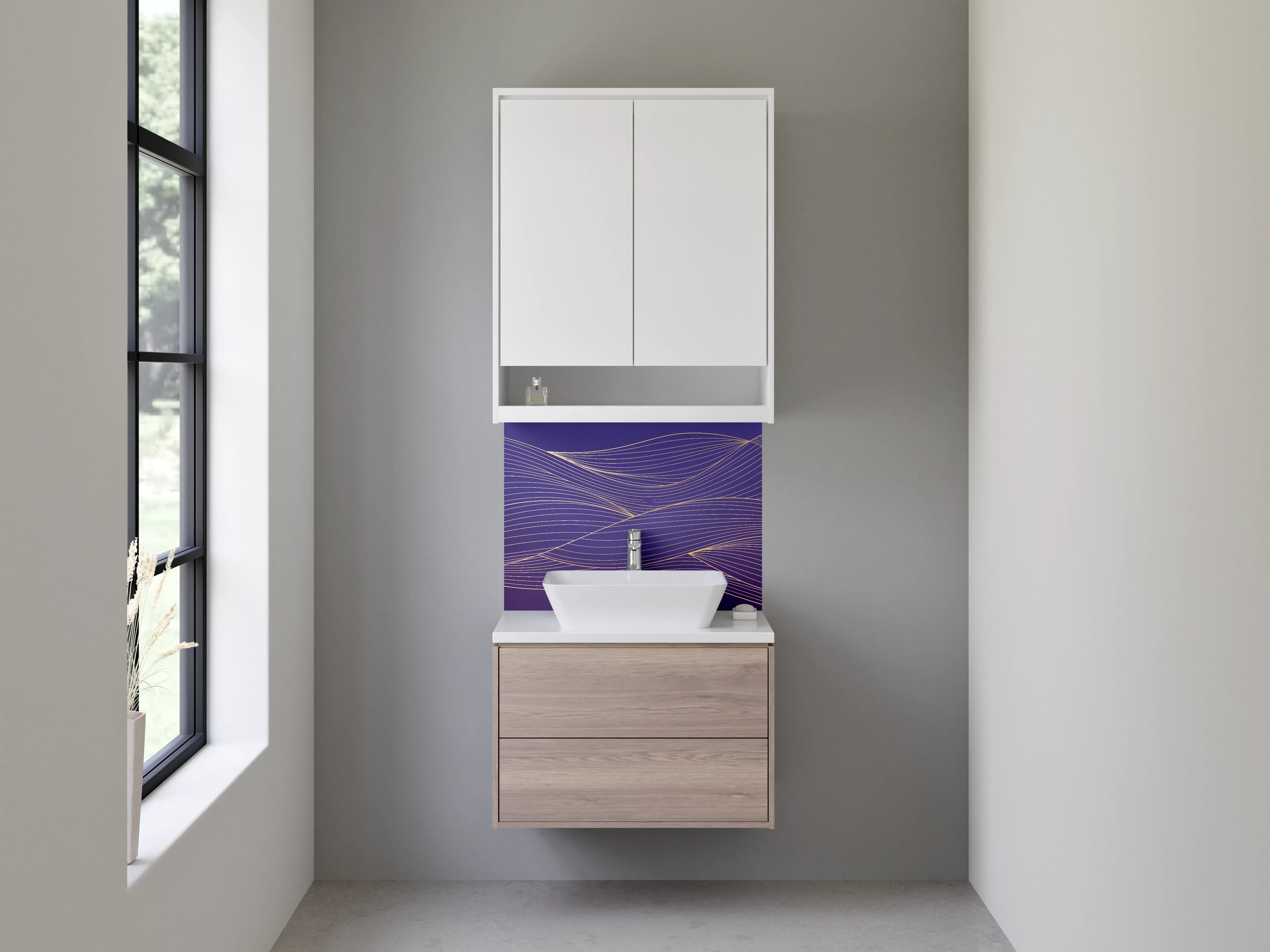 Waschbecken-Rückwand - Elegante goldene Linien auf Lila