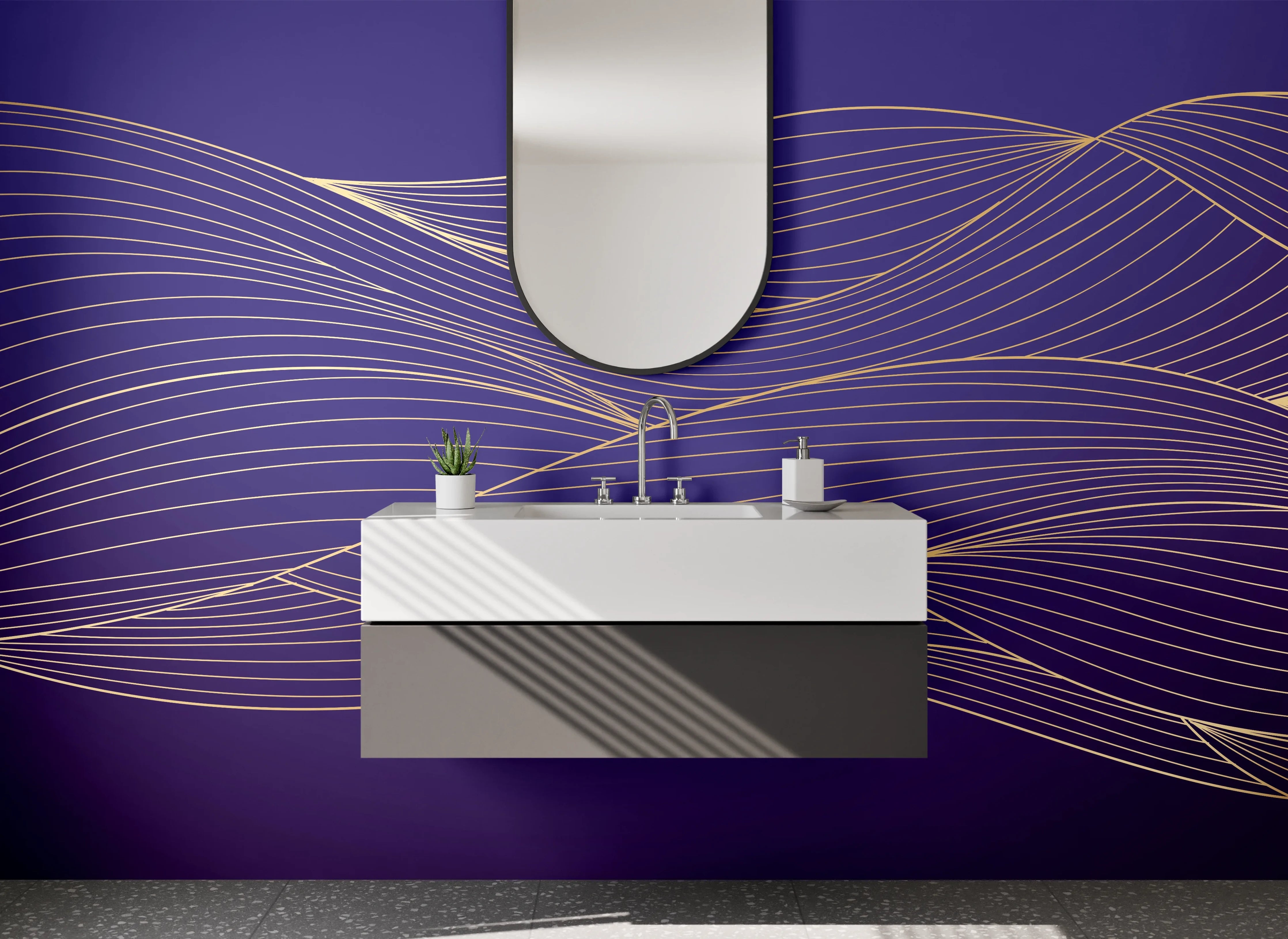 Waschbecken-Rückwand - Elegante goldene Linien auf Lila