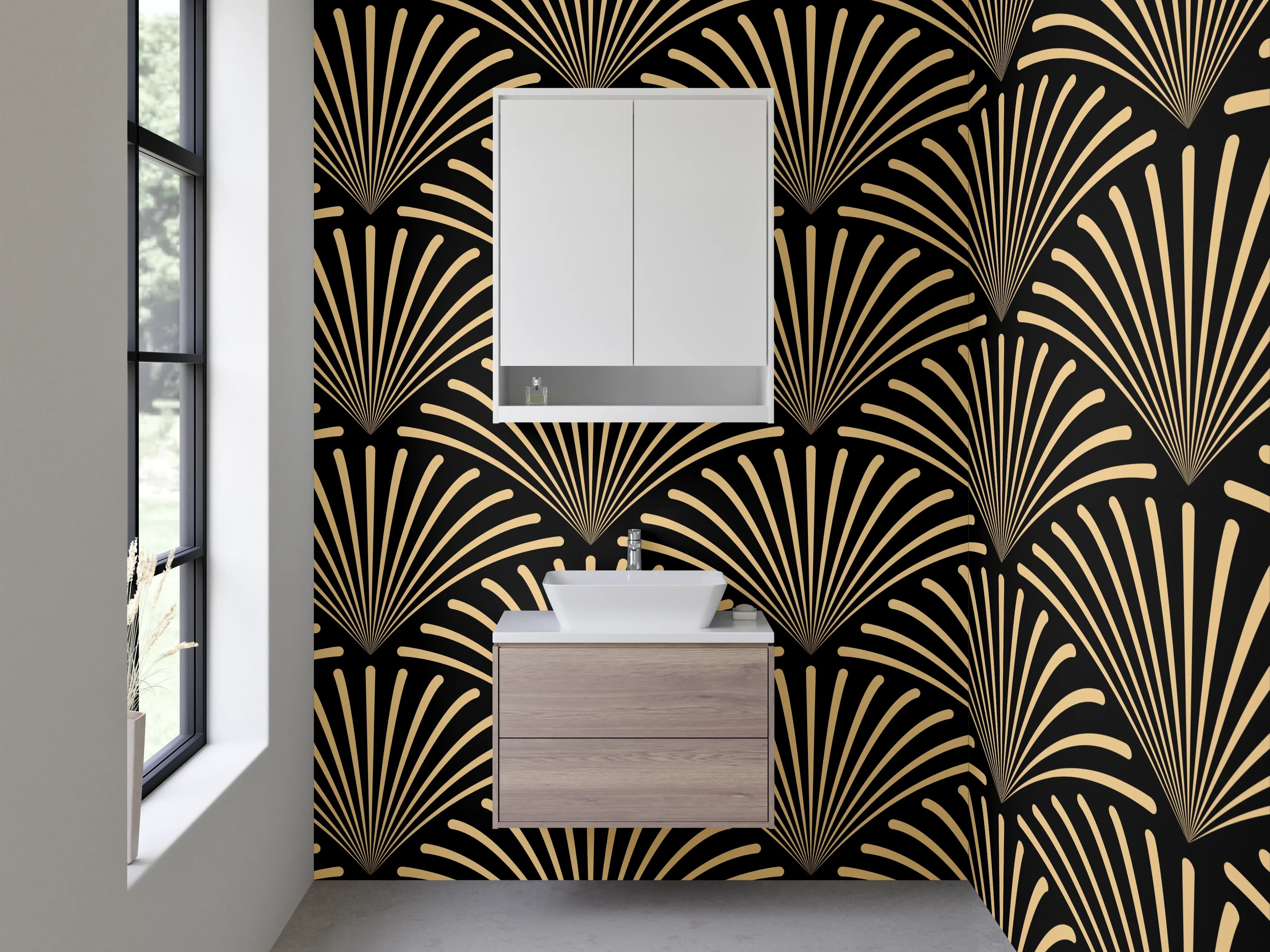 Waschbecken-Rückwand - Elegante goldene Muster mit schwarzem Hintergrund