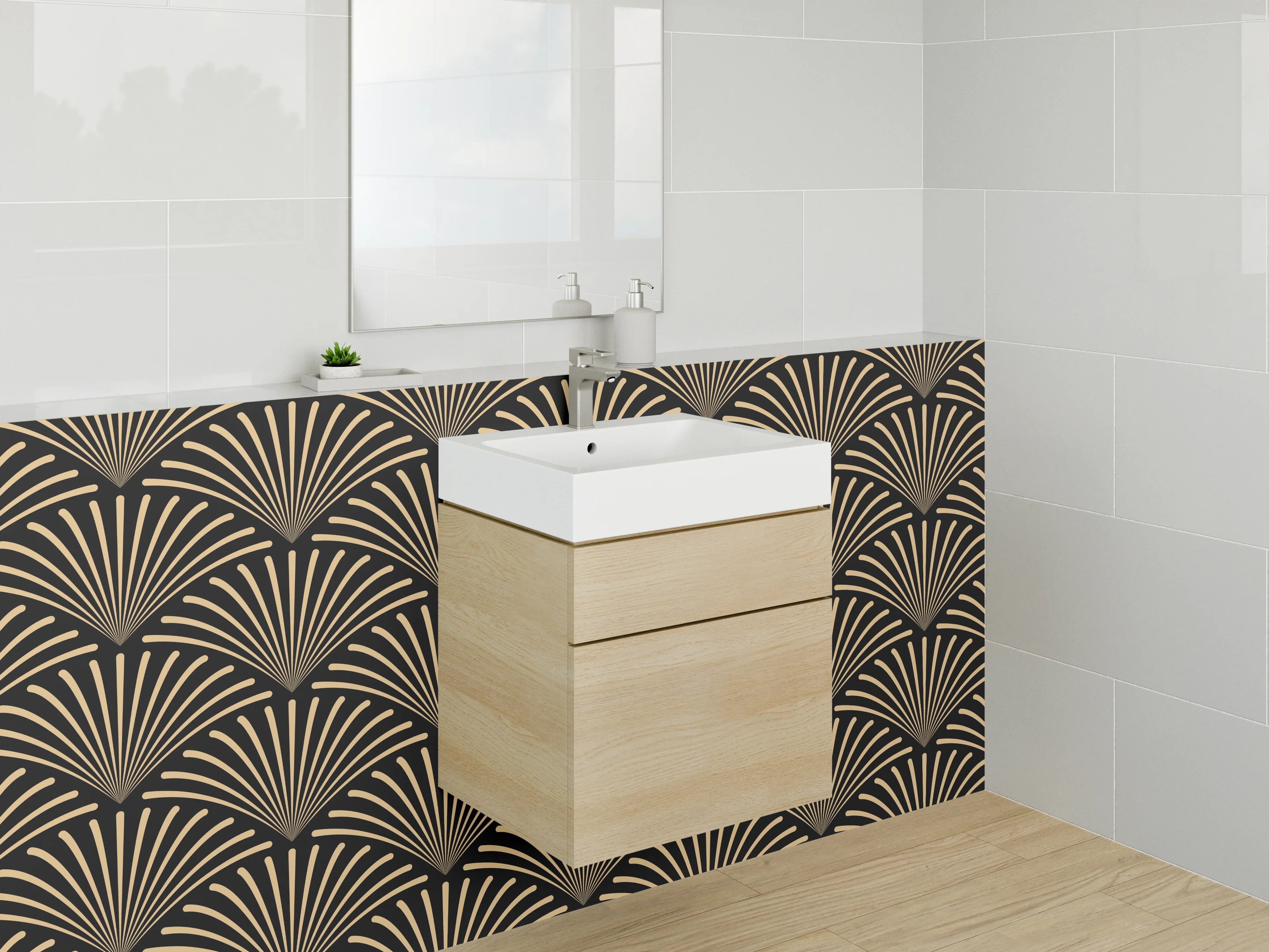 Waschbecken-Rückwand - Elegante goldene Muster mit schwarzem Hintergrund