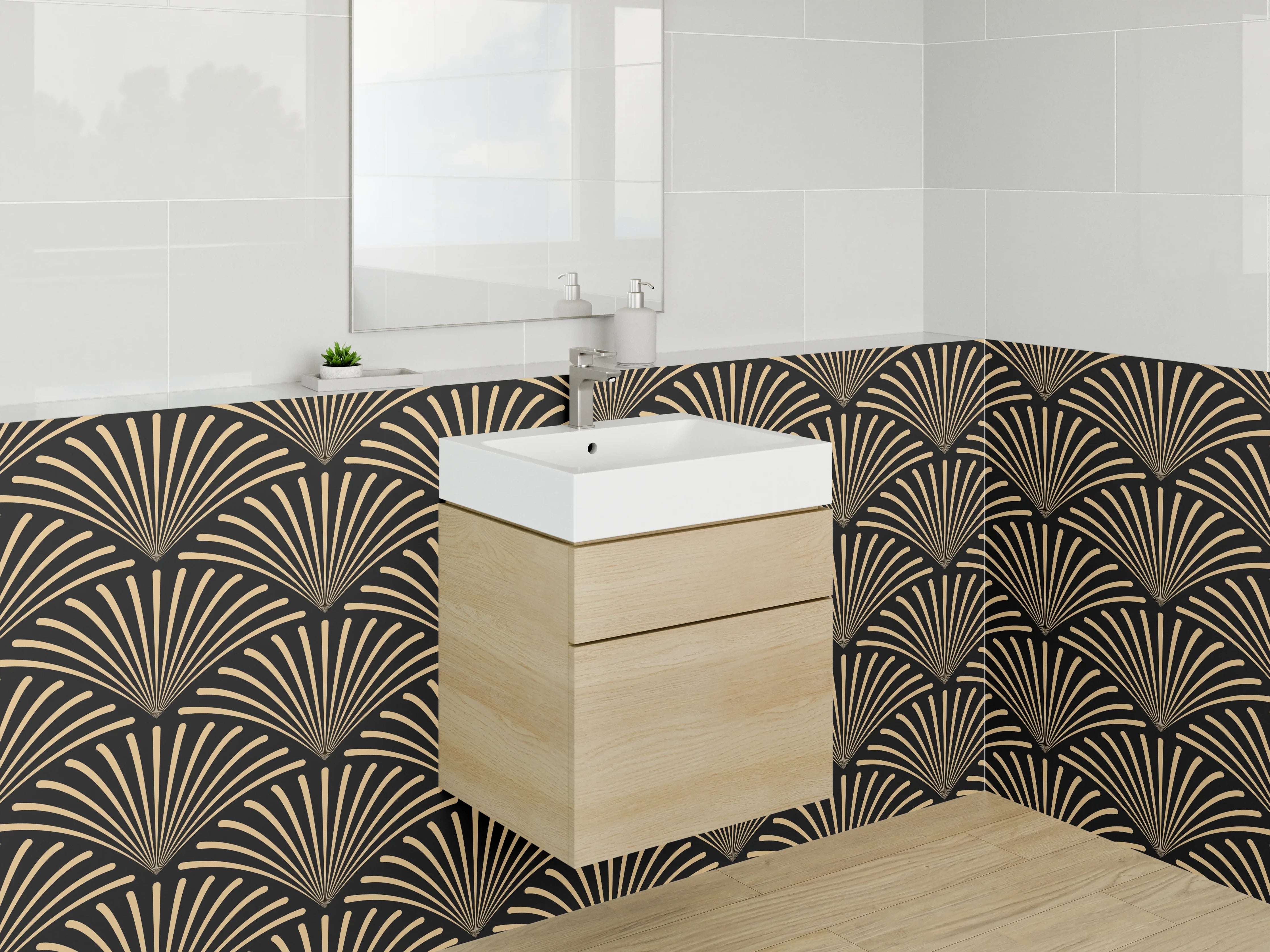 Waschbecken-Rückwand - Elegante goldene Muster mit schwarzem Hintergrund