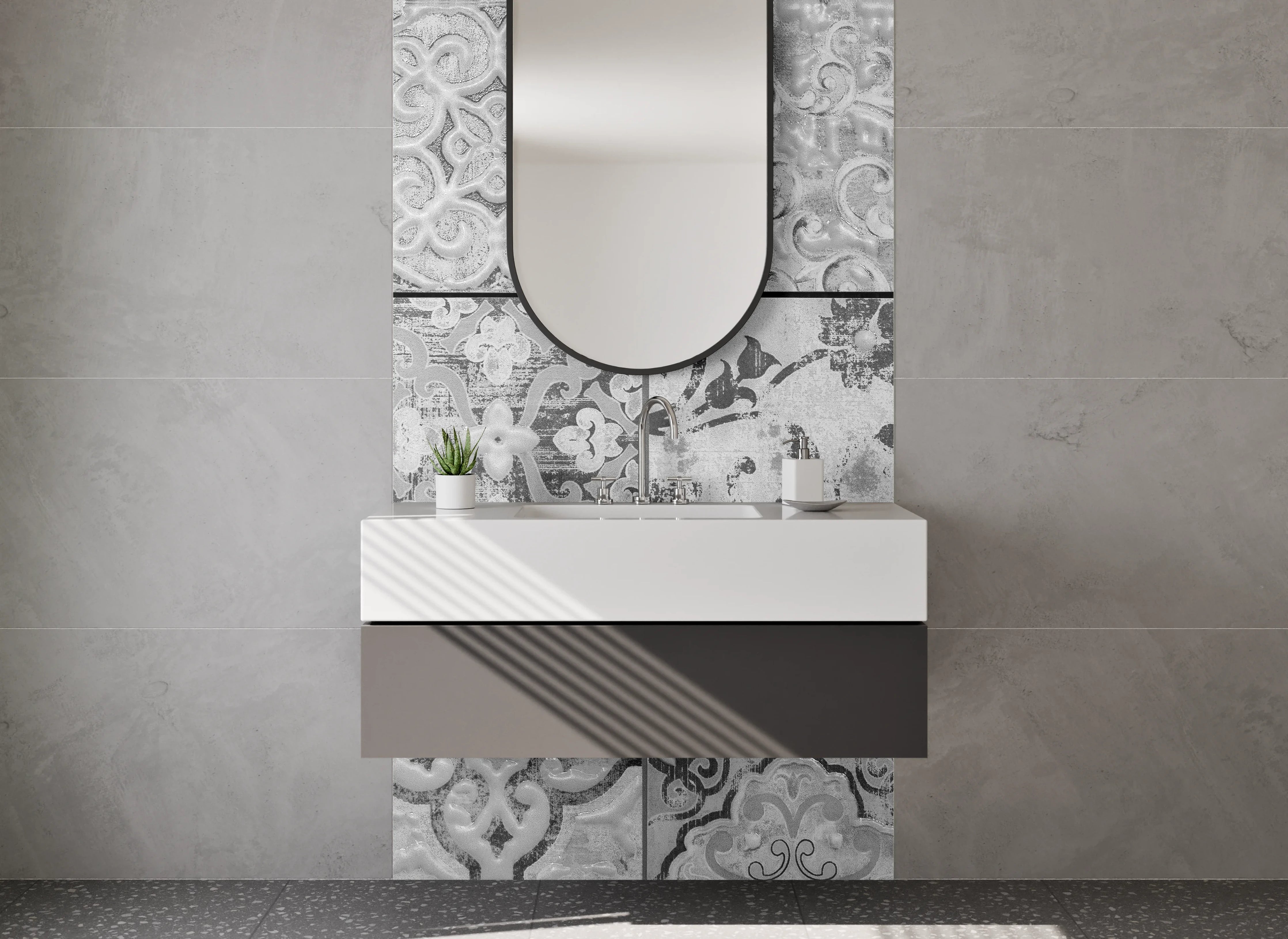 Waschbecken-Rückwand - Elegante graue Fliesen mit Muster