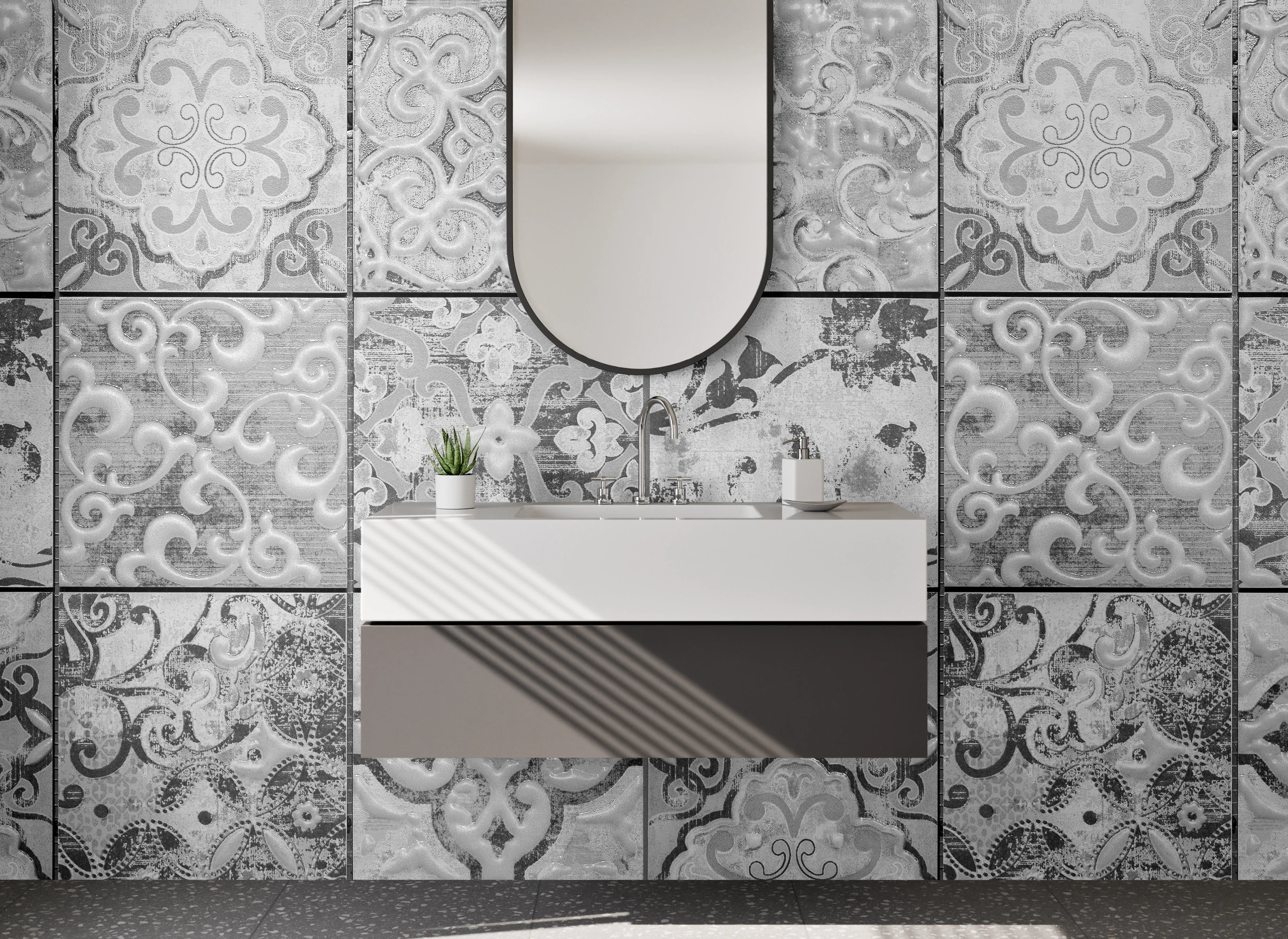 Waschbecken-Rückwand - Elegante graue Fliesen mit Muster