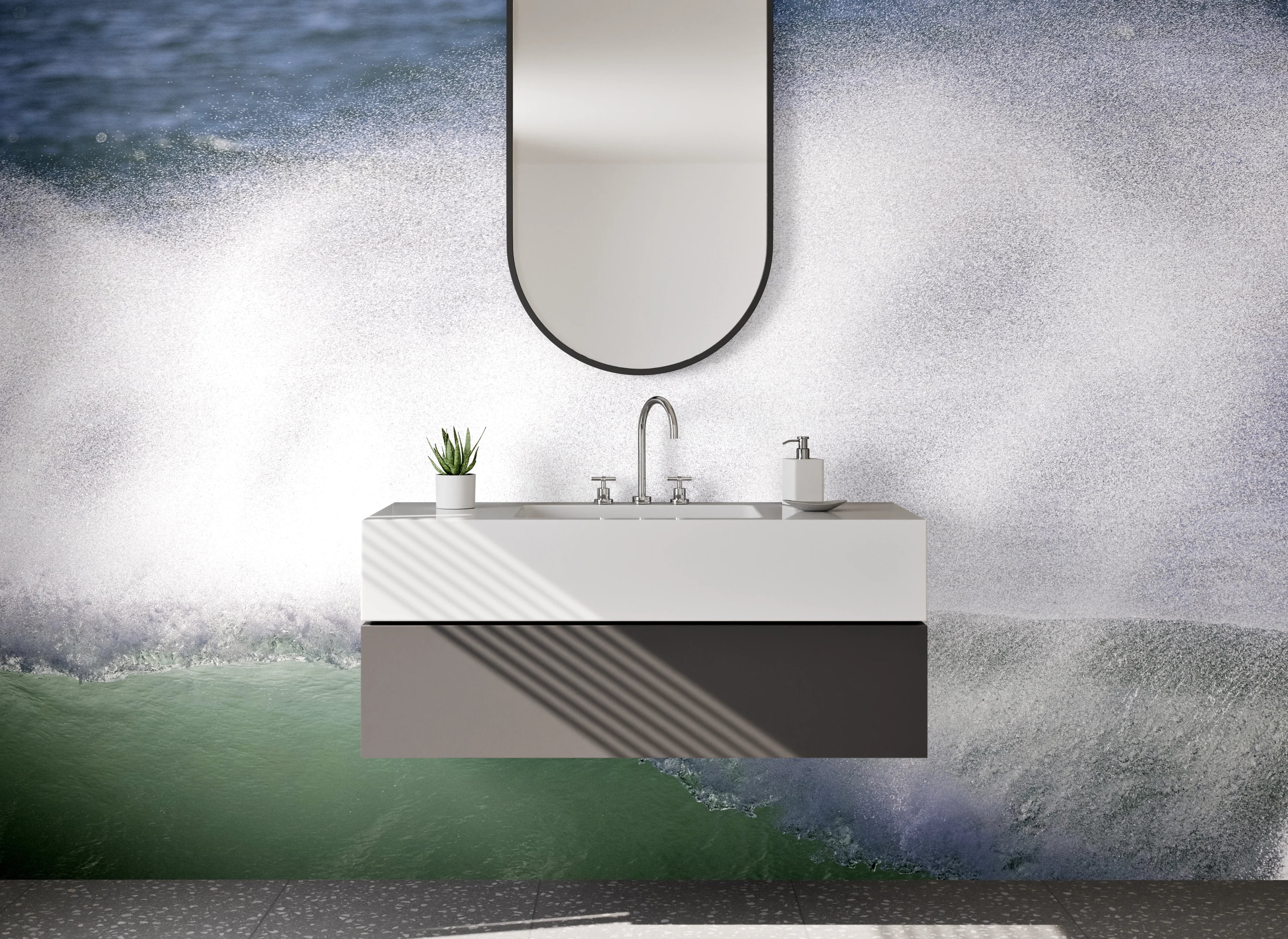 Waschbecken-Rückwand - Elegante graue Wandpaneele für dein Bad