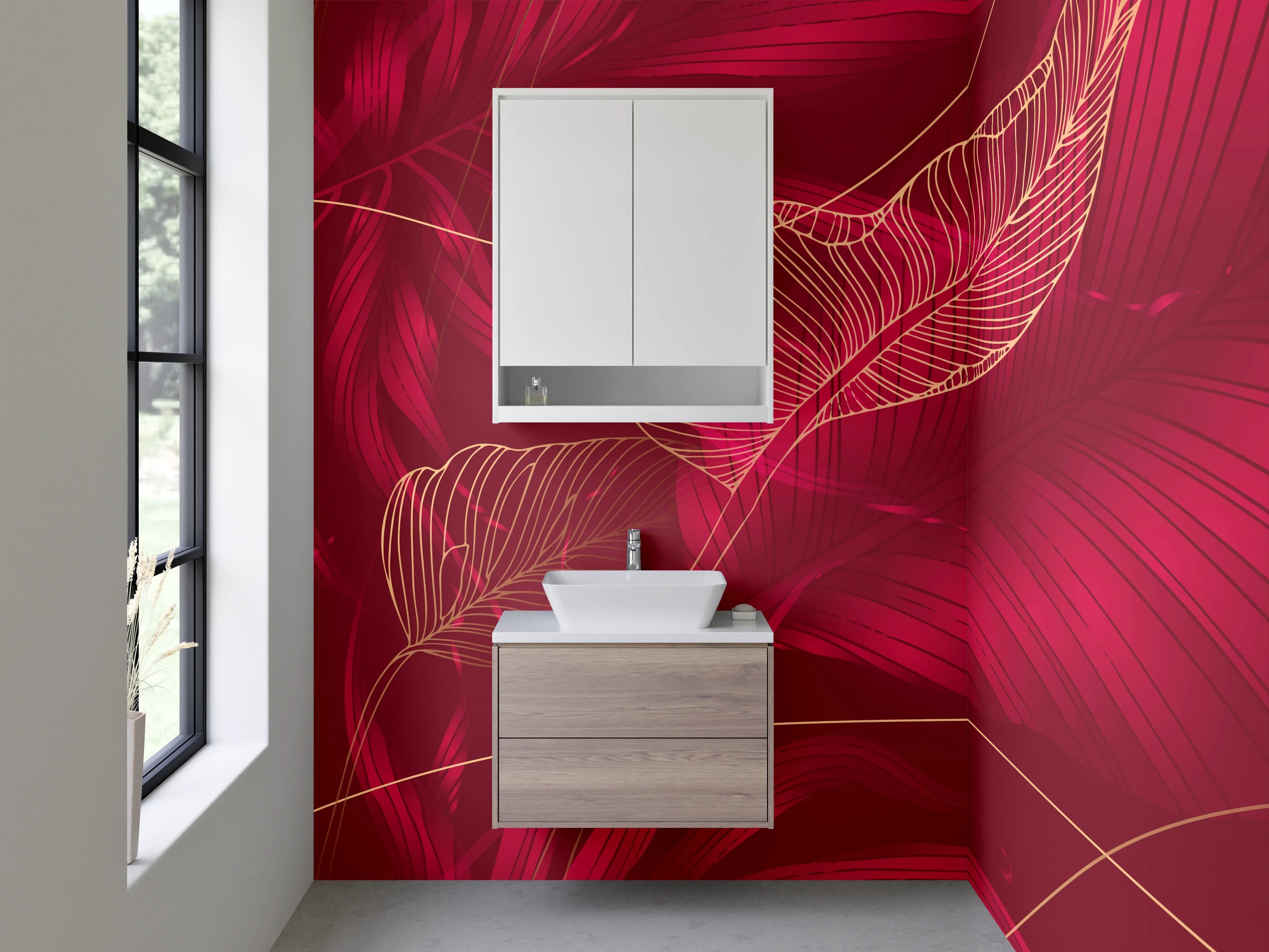 Waschbecken-Rückwand - Elegante rote Blätter Lineart