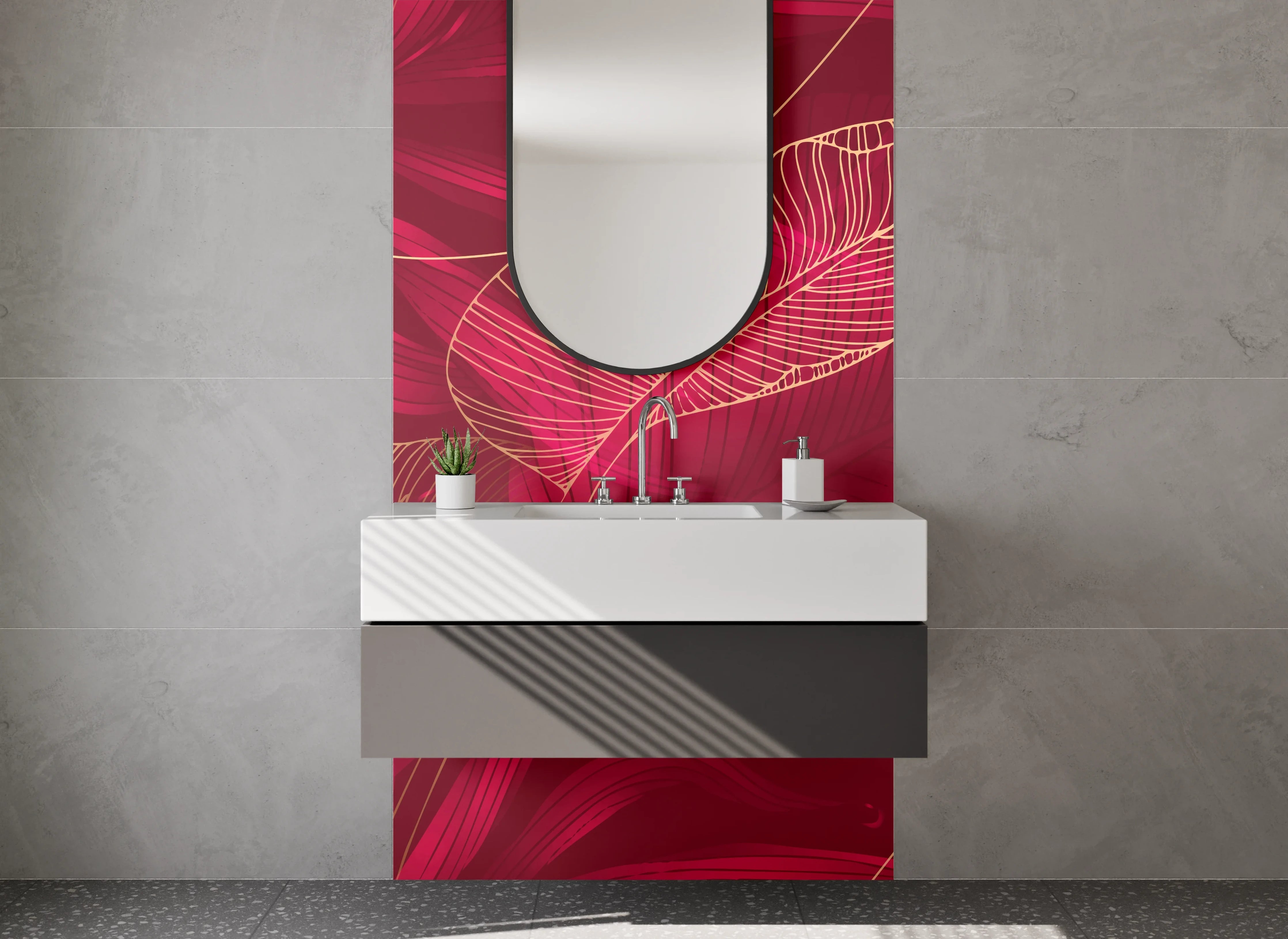 Waschbecken-Rückwand - Elegante rote Blätter Lineart