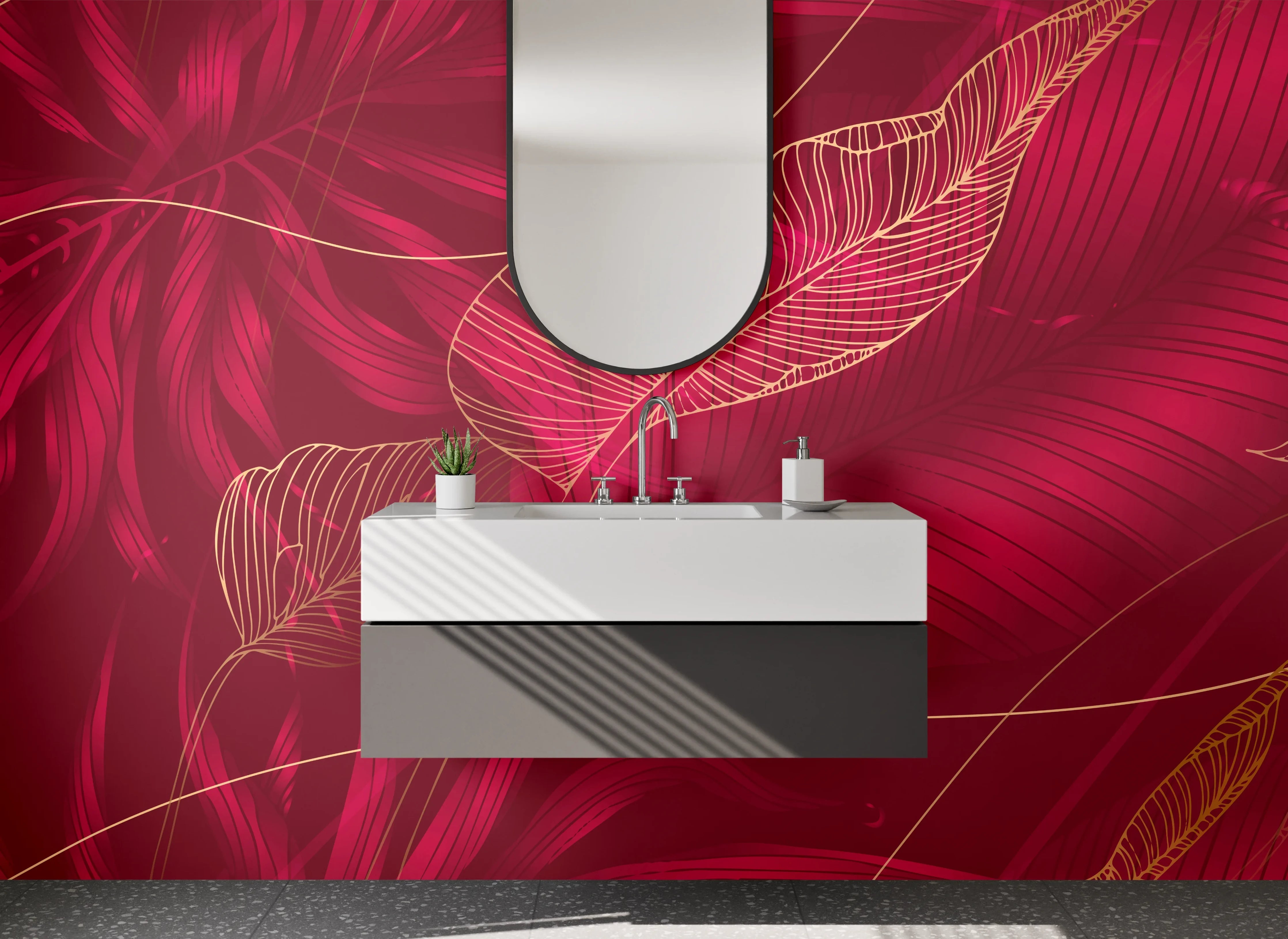 Waschbecken-Rückwand - Elegante rote Blätter Lineart