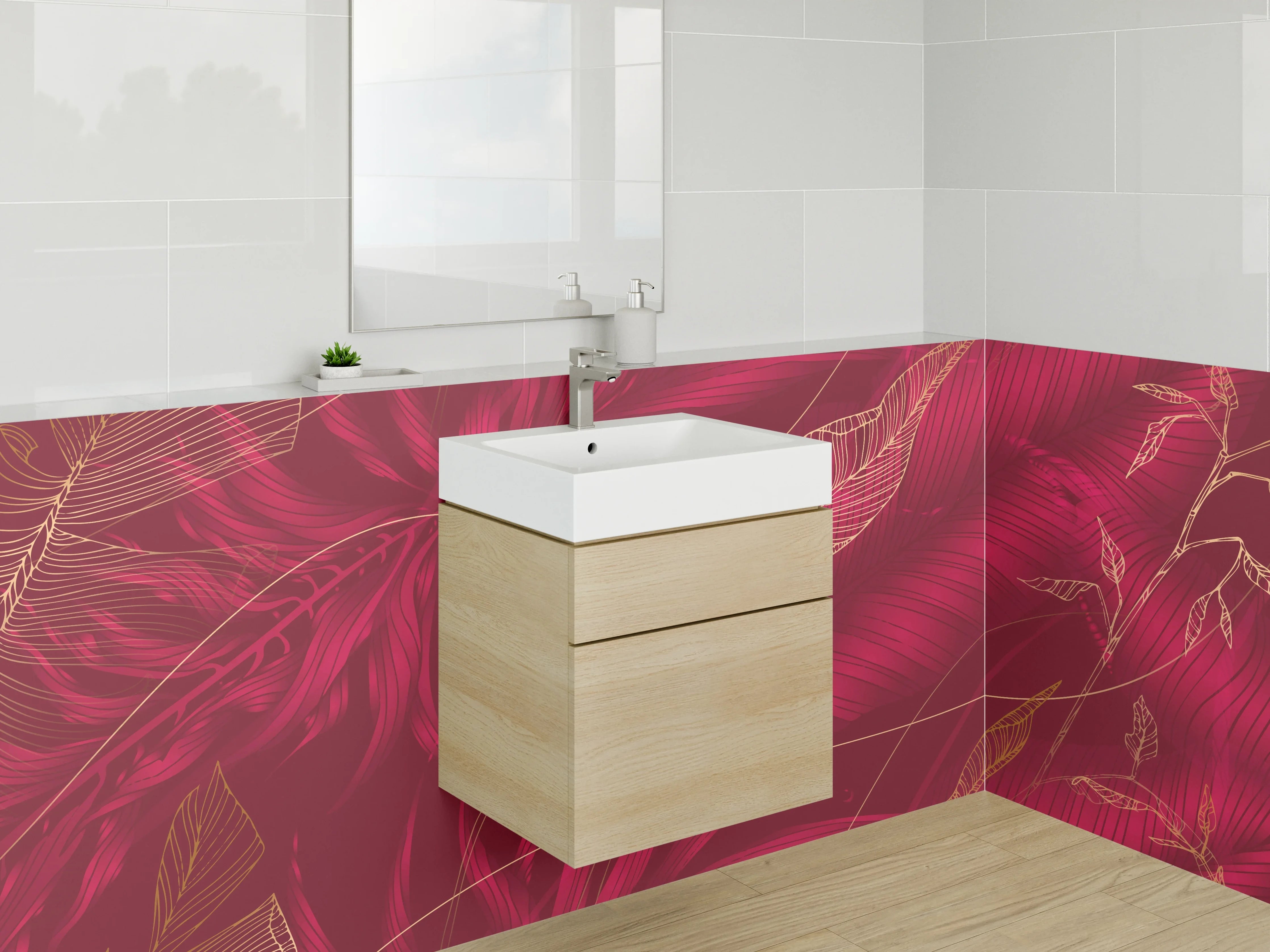 Waschbecken-Rückwand - Elegante rote Blätter Lineart