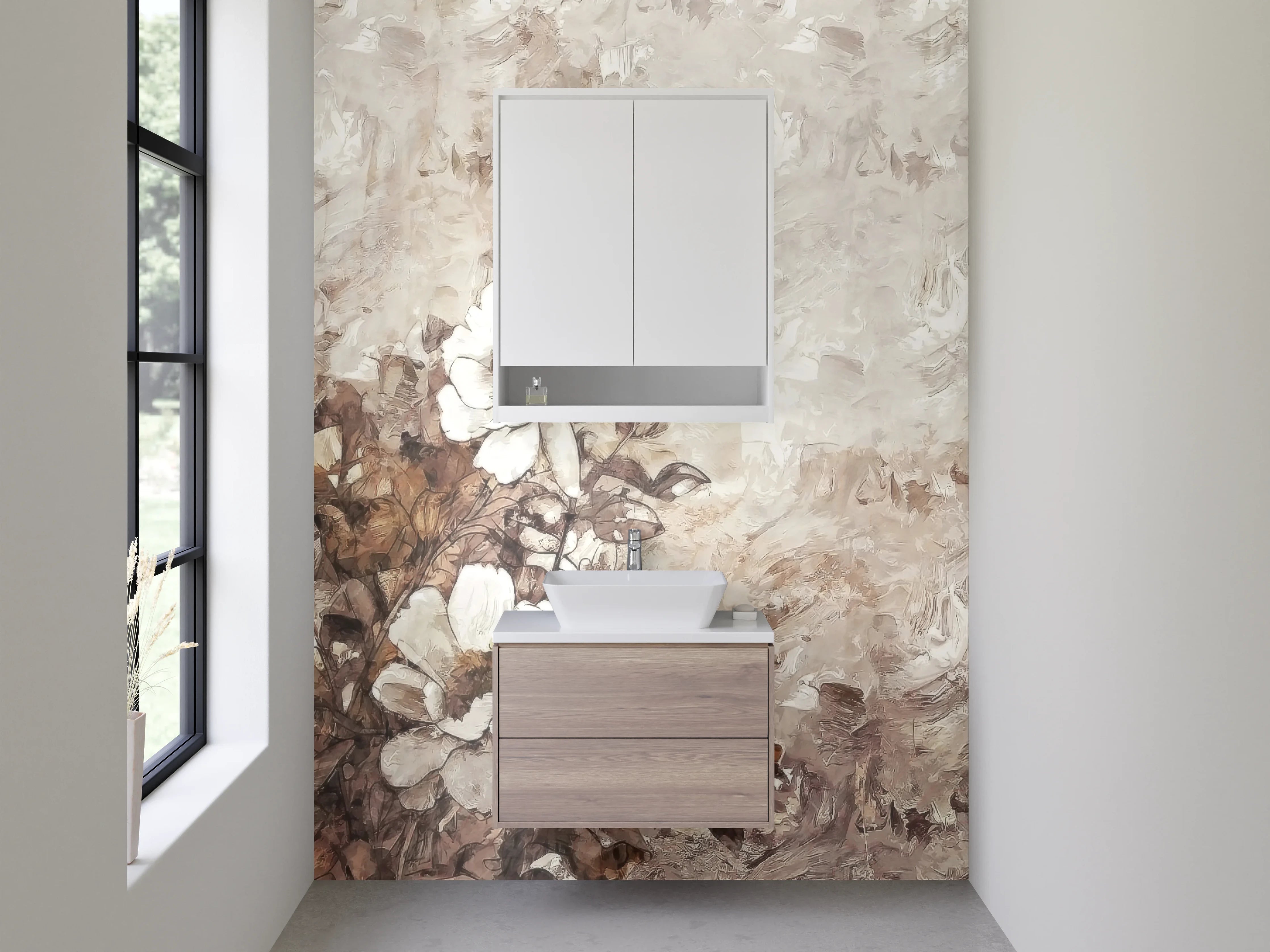 Waschbecken-Rückwand - Elegante weiße Blumen Malerei Beige