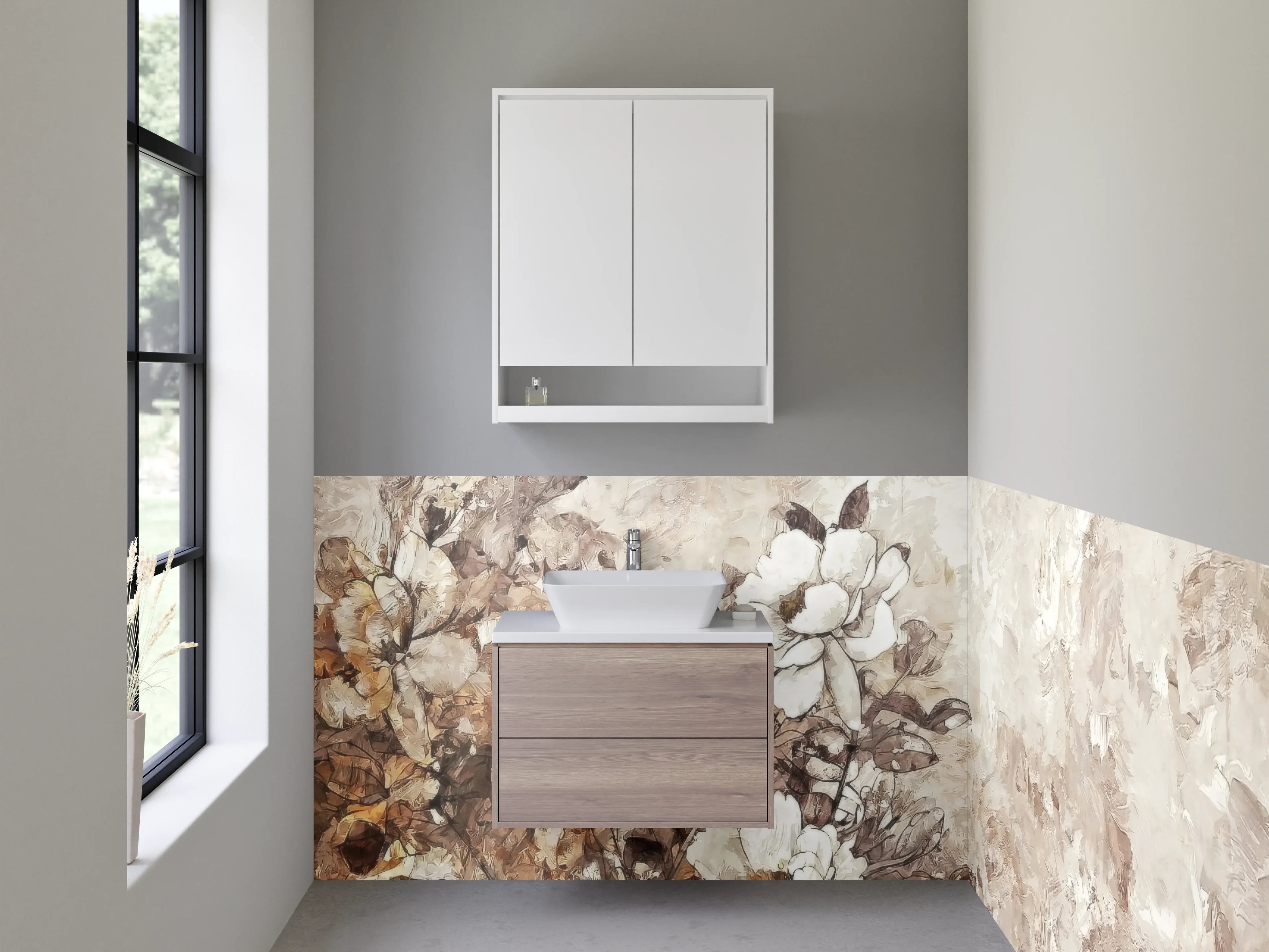 Waschbecken-Rückwand - Elegante weiße Blumen Malerei Beige