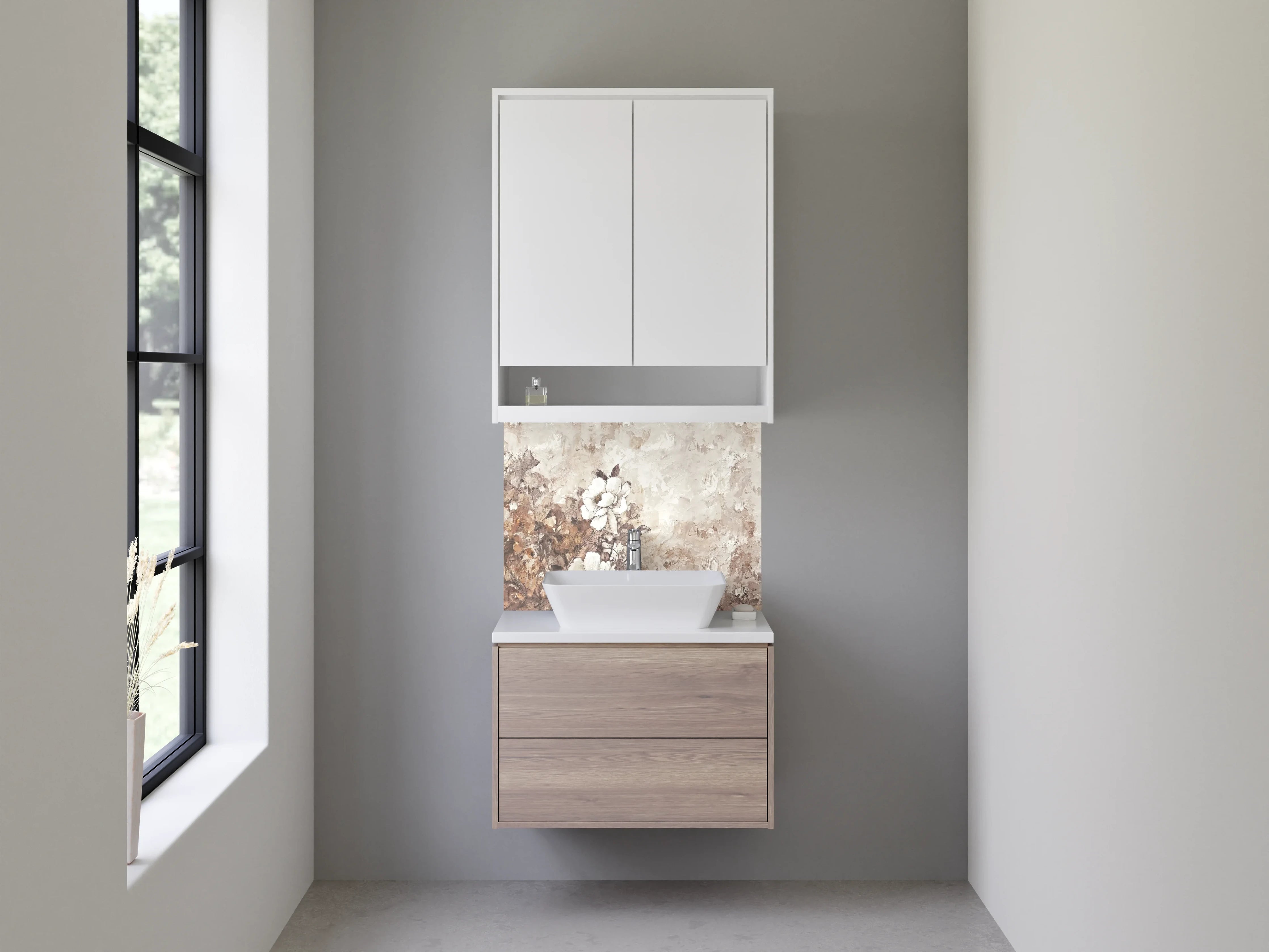 Waschbecken-Rückwand - Elegante weiße Blumen Malerei Beige