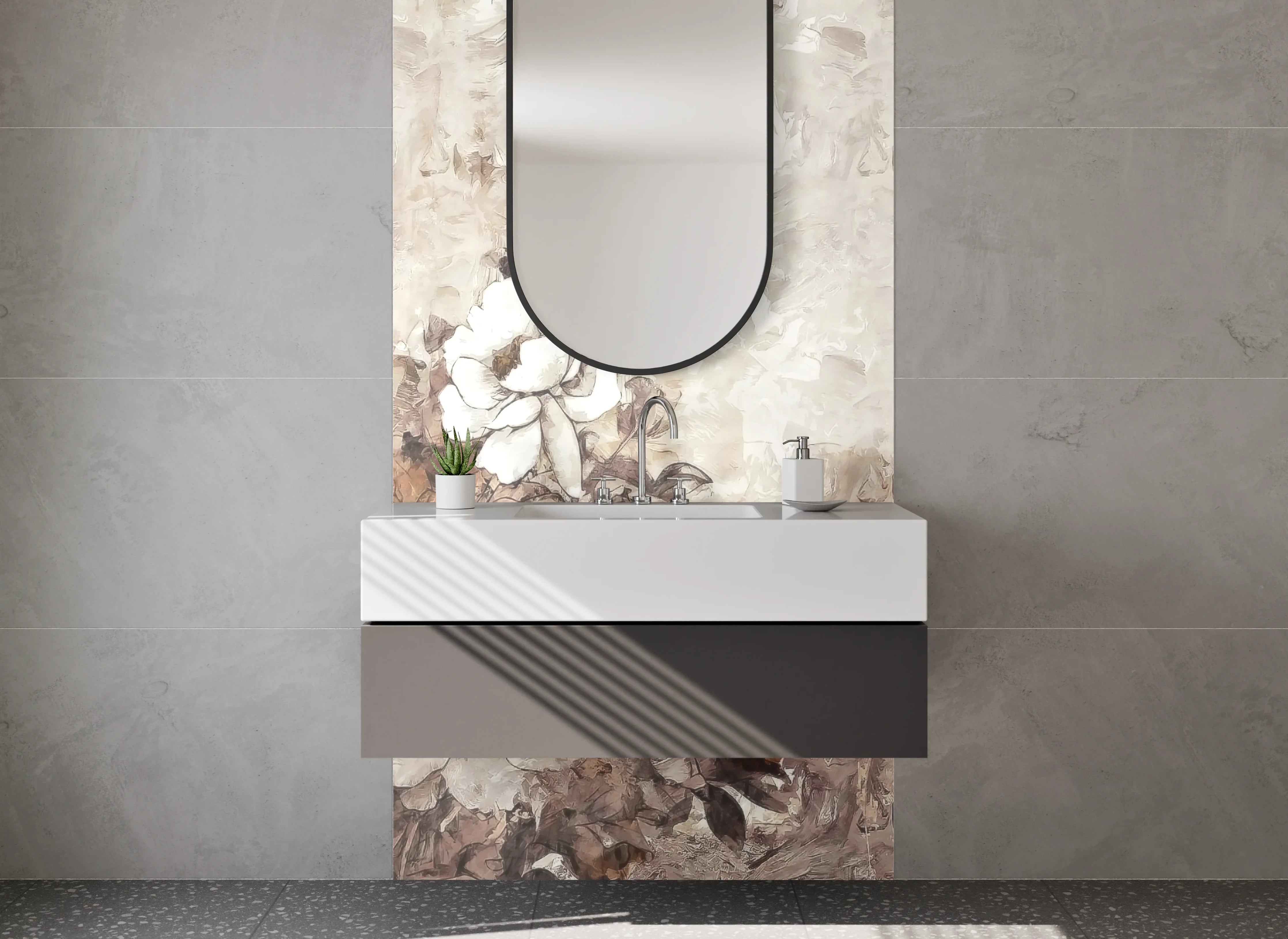 Waschbecken-Rückwand - Elegante weiße Blumen Malerei Beige