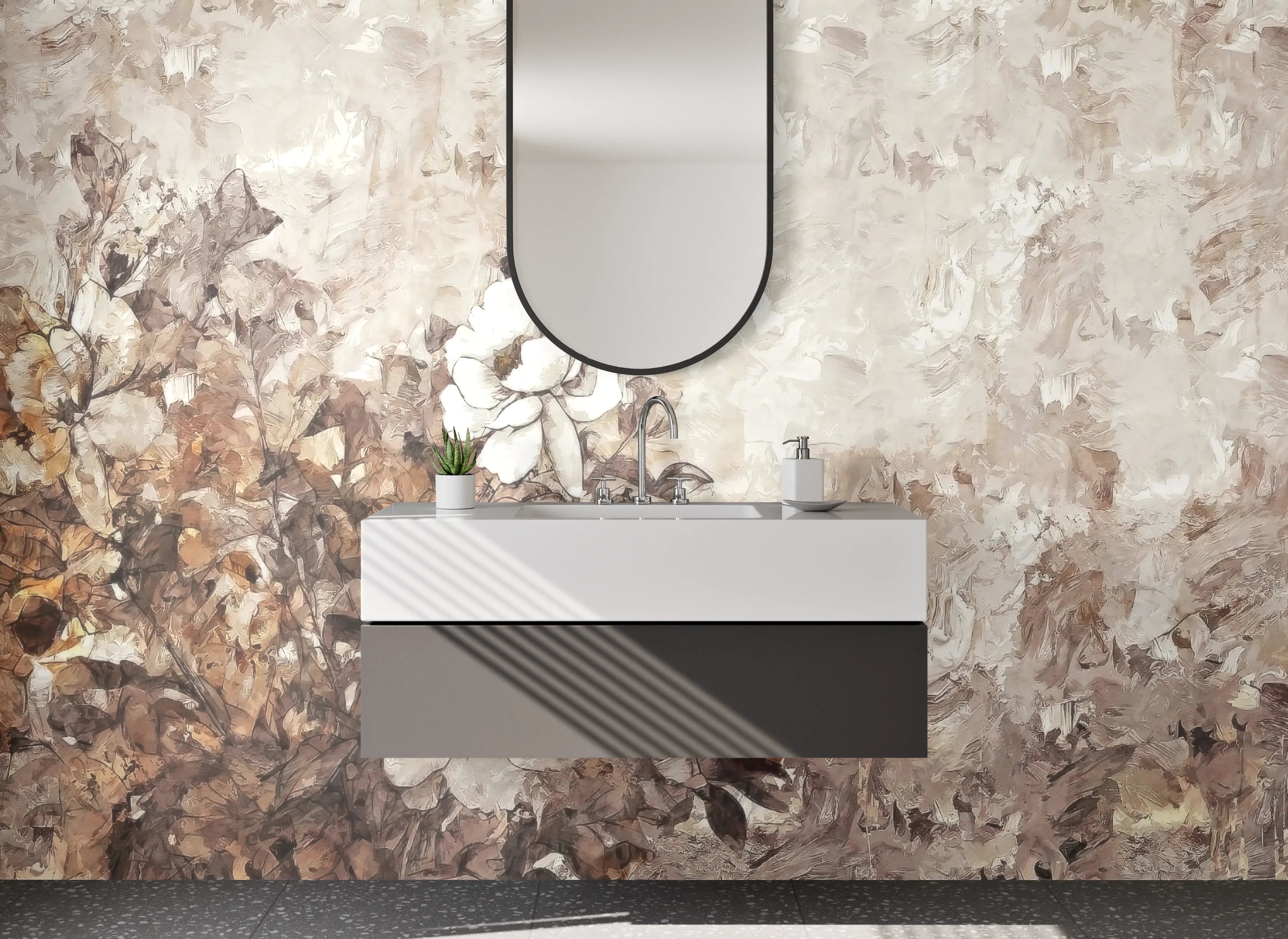 Waschbecken-Rückwand - Elegante weiße Blumen Malerei Beige