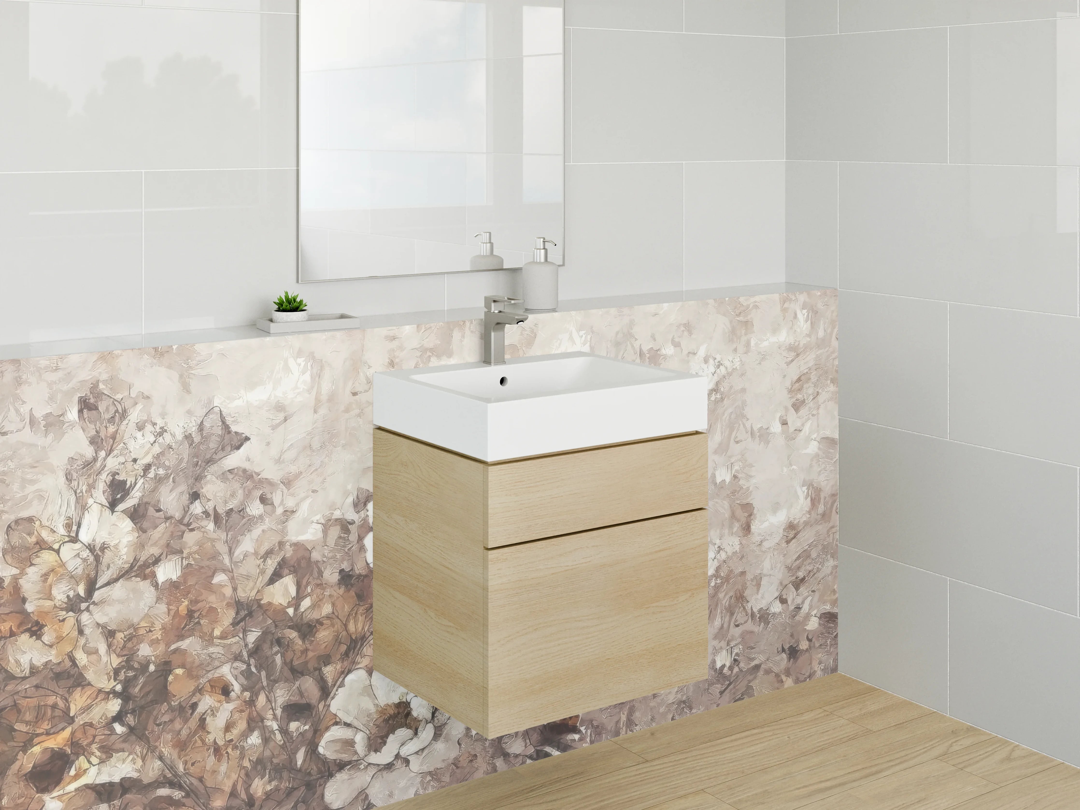 Waschbecken-Rückwand - Elegante weiße Blumen Malerei Beige