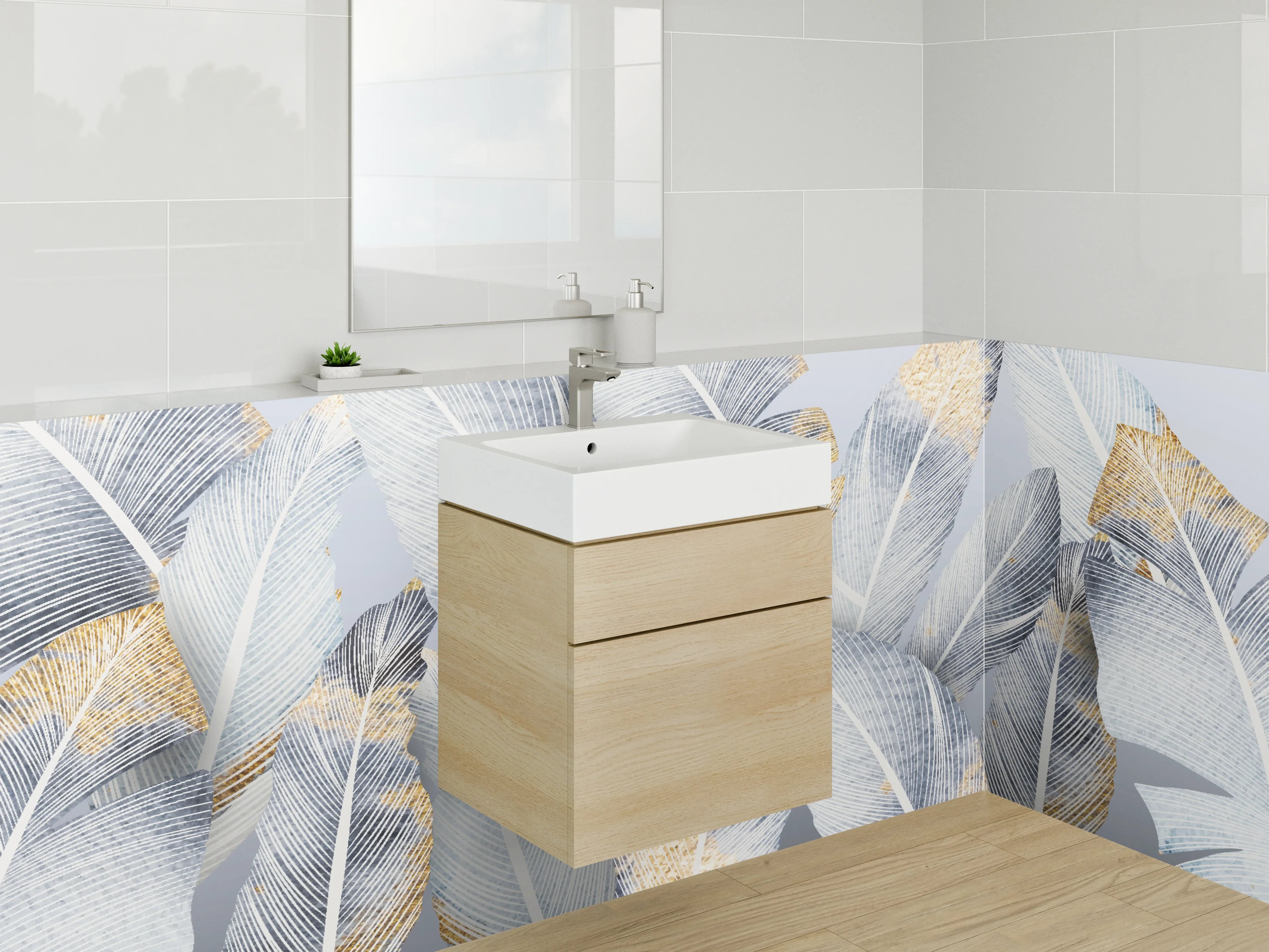 Waschbecken-Rückwand - Elegante weiße Feder-Optik mit Goldakzenten