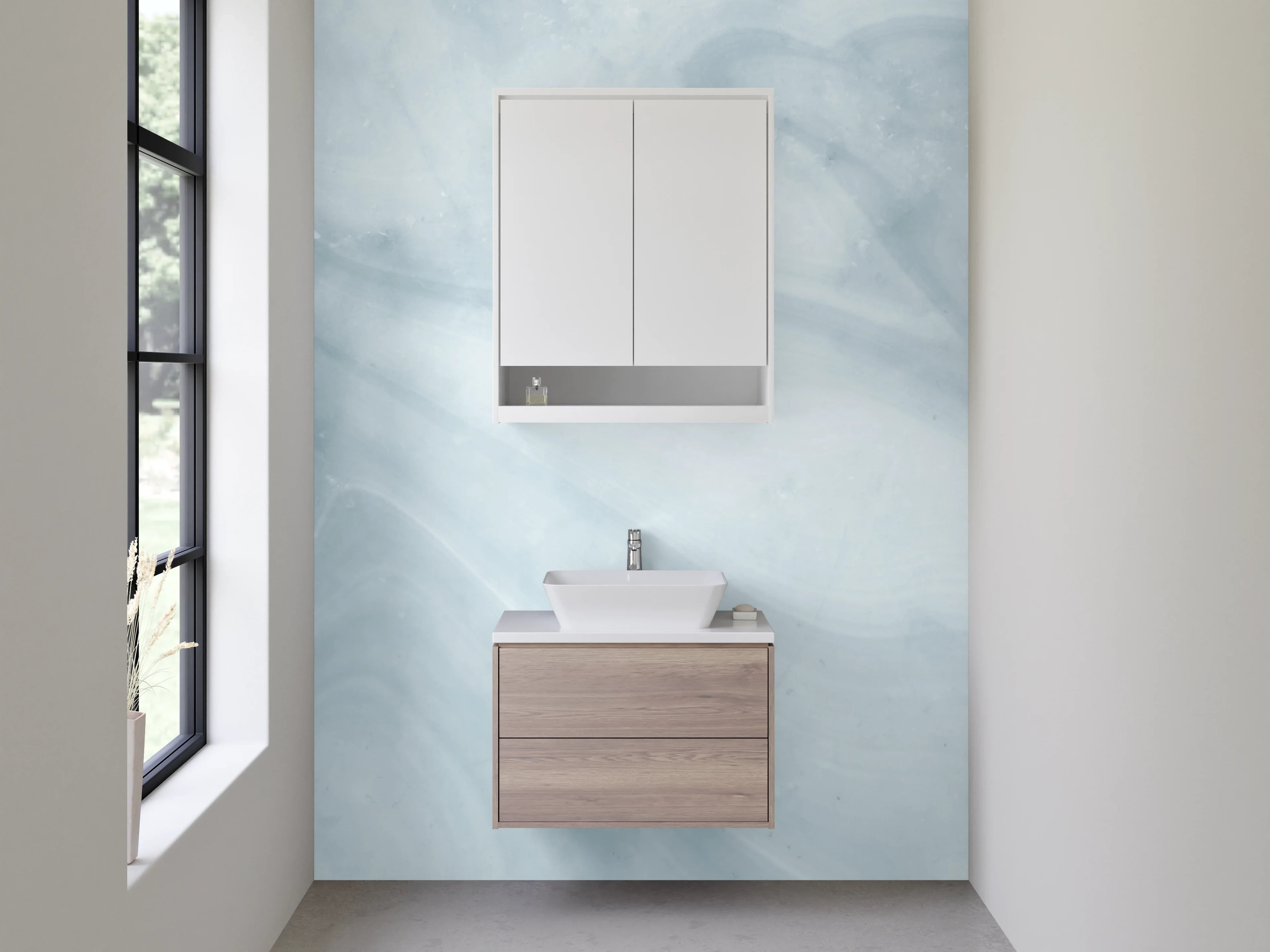 Waschbecken-Rückwand - Elegante weiße Marmoroptik mit Grautönen