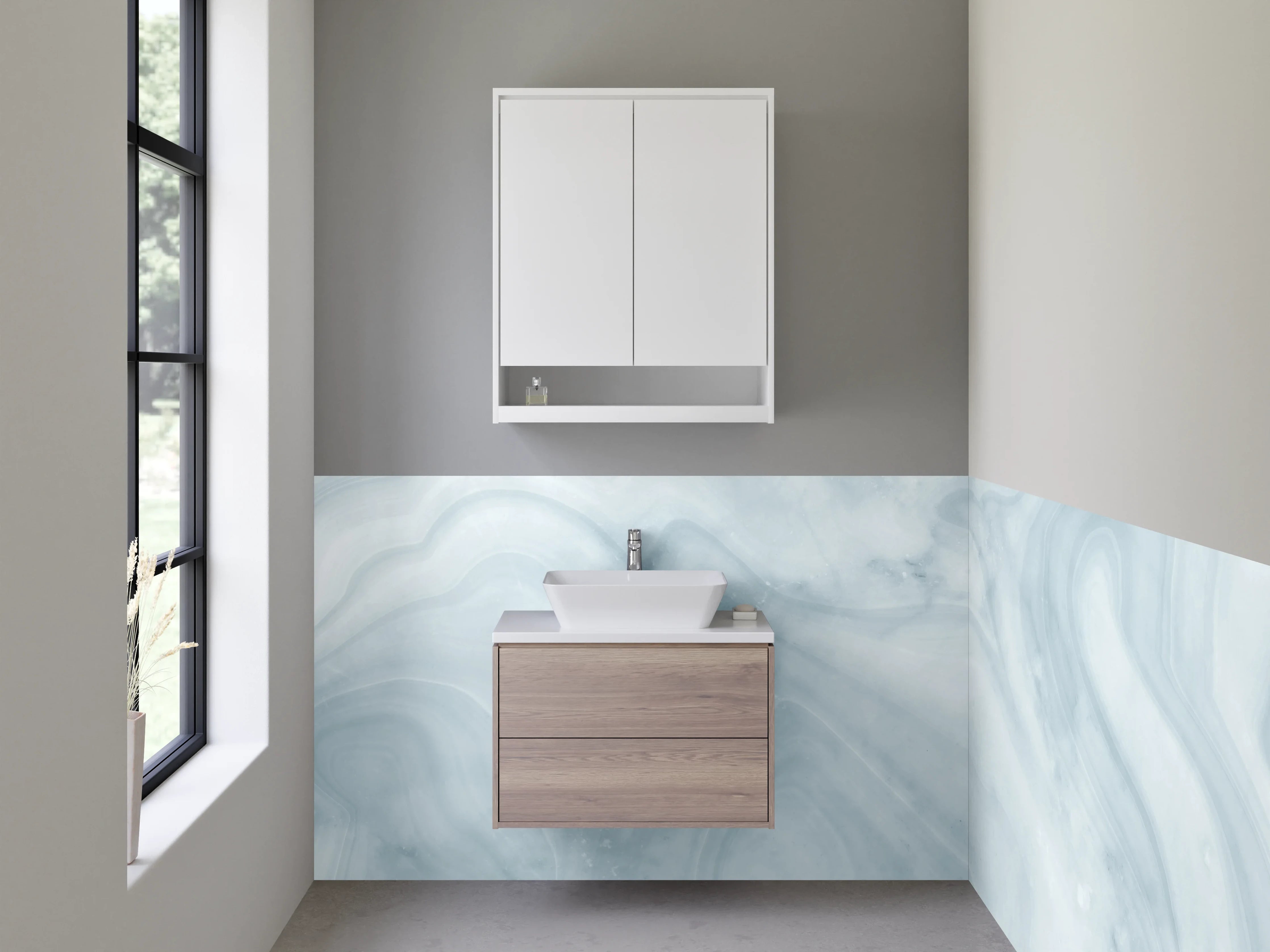 Waschbecken-Rückwand - Elegante weiße Marmoroptik mit Grautönen