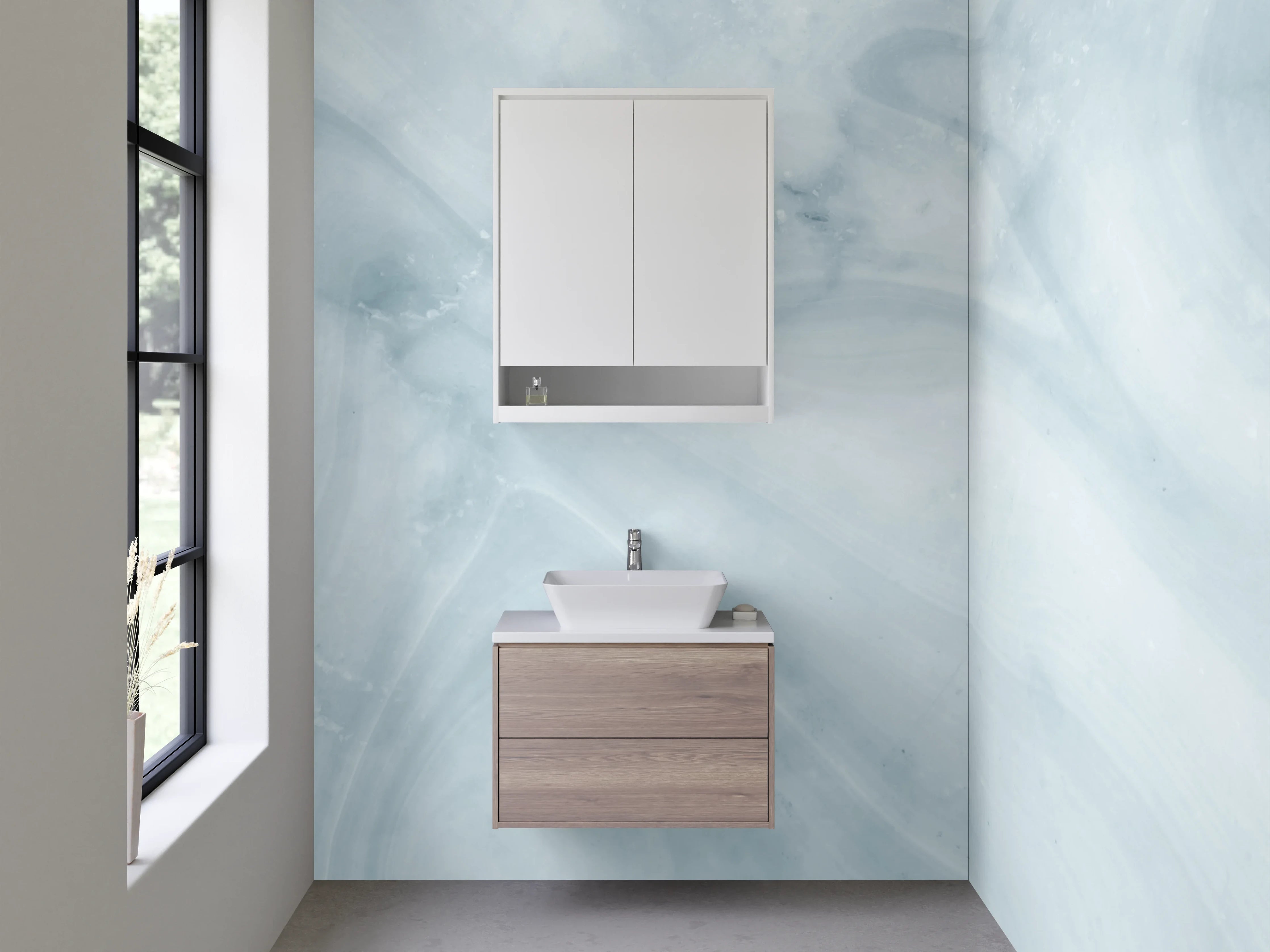 Waschbecken-Rückwand - Elegante weiße Marmoroptik mit Grautönen