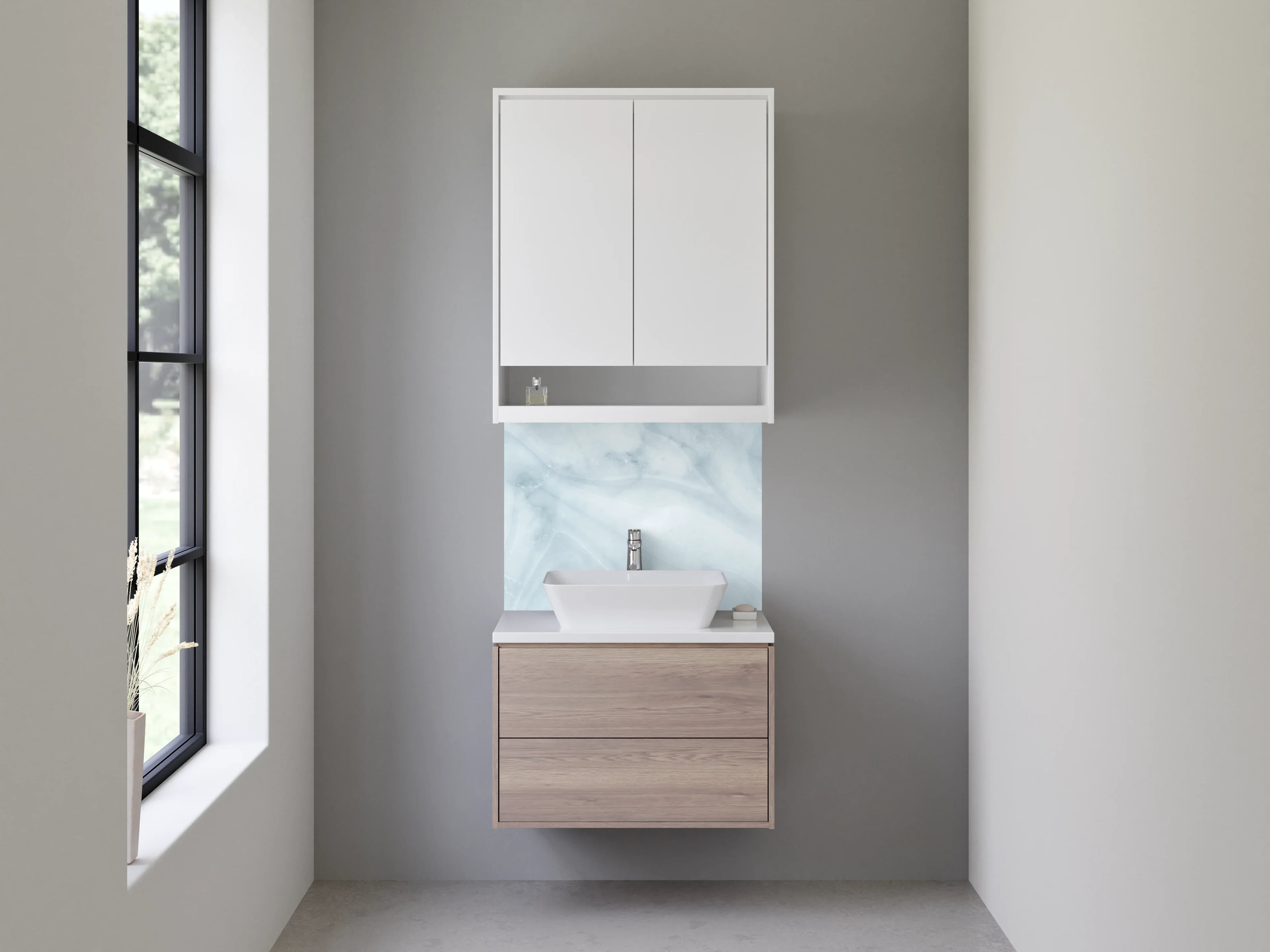 Waschbecken-Rückwand - Elegante weiße Marmoroptik mit Grautönen