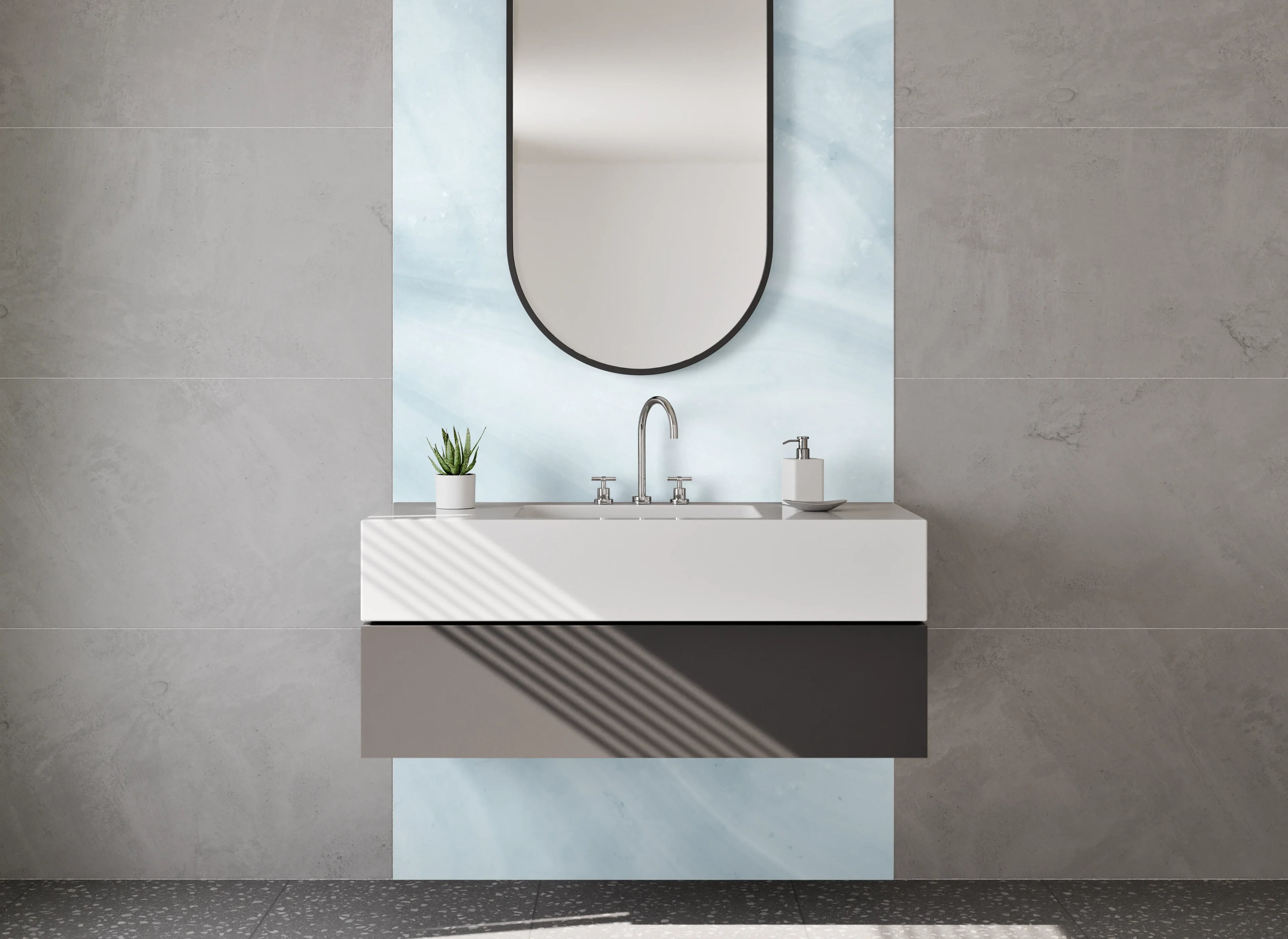 Waschbecken-Rückwand - Elegante weiße Marmoroptik mit Grautönen