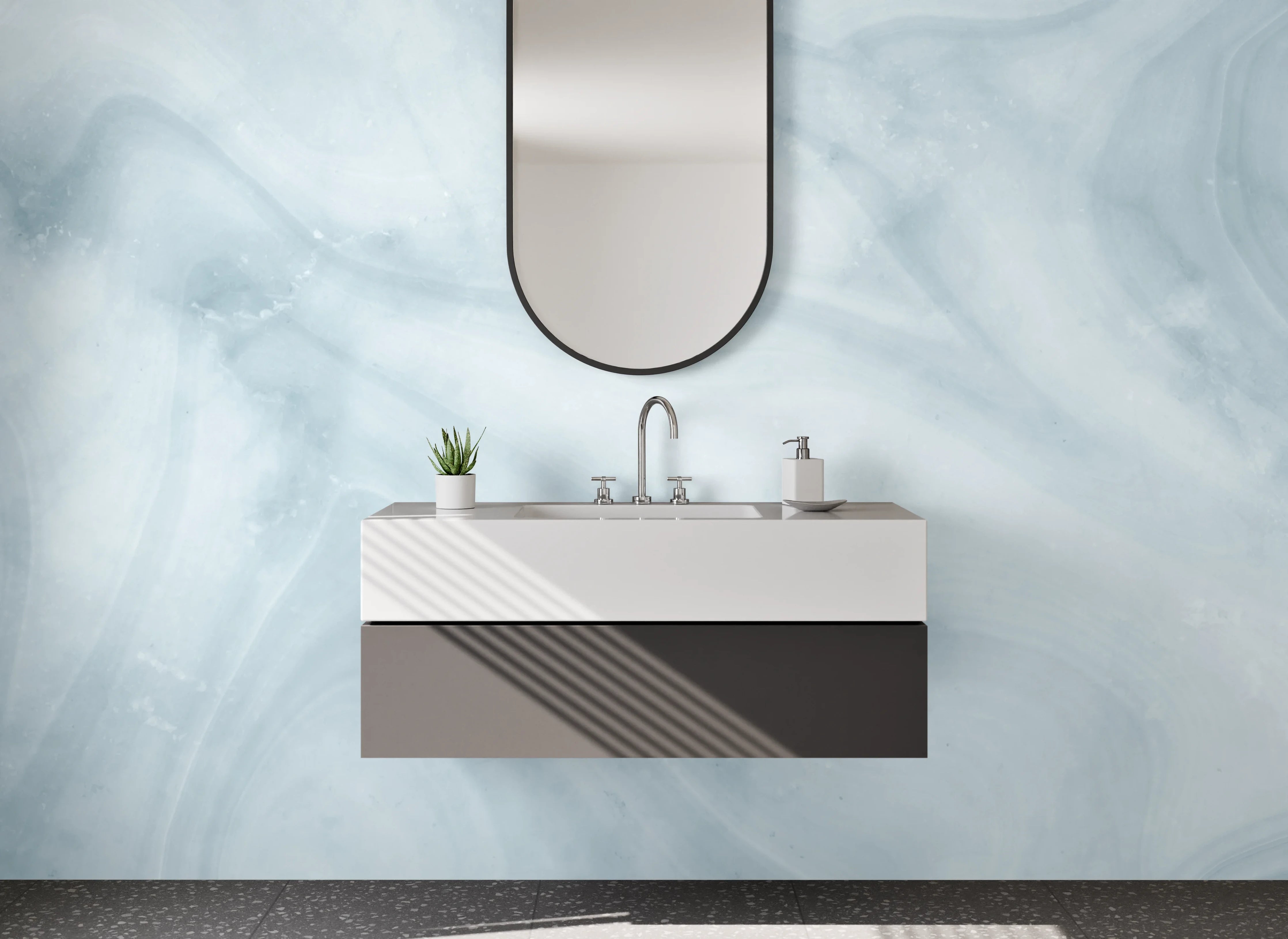 Waschbecken-Rückwand - Elegante weiße Marmoroptik mit Grautönen