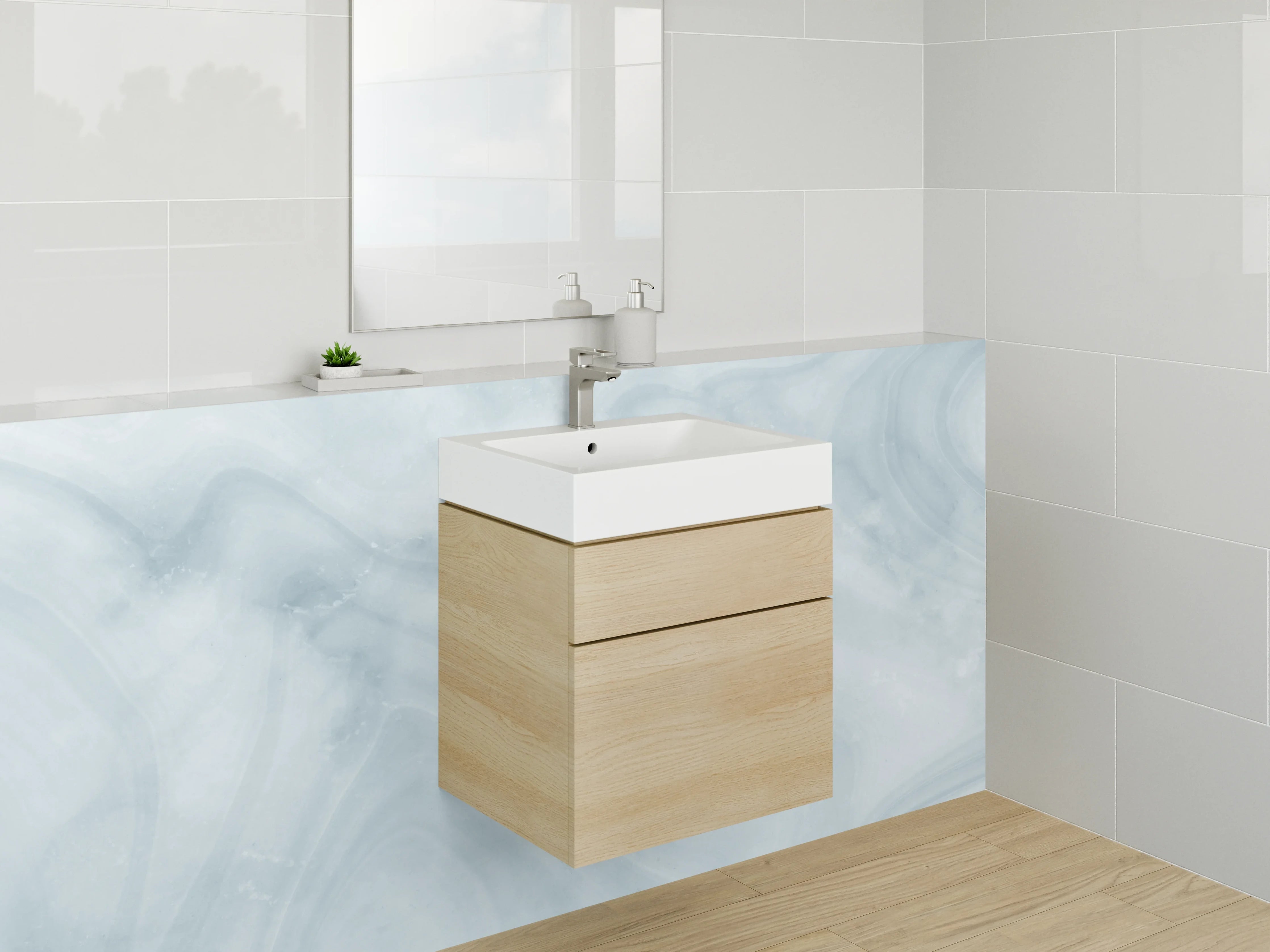 Waschbecken-Rückwand - Elegante weiße Marmoroptik mit Grautönen