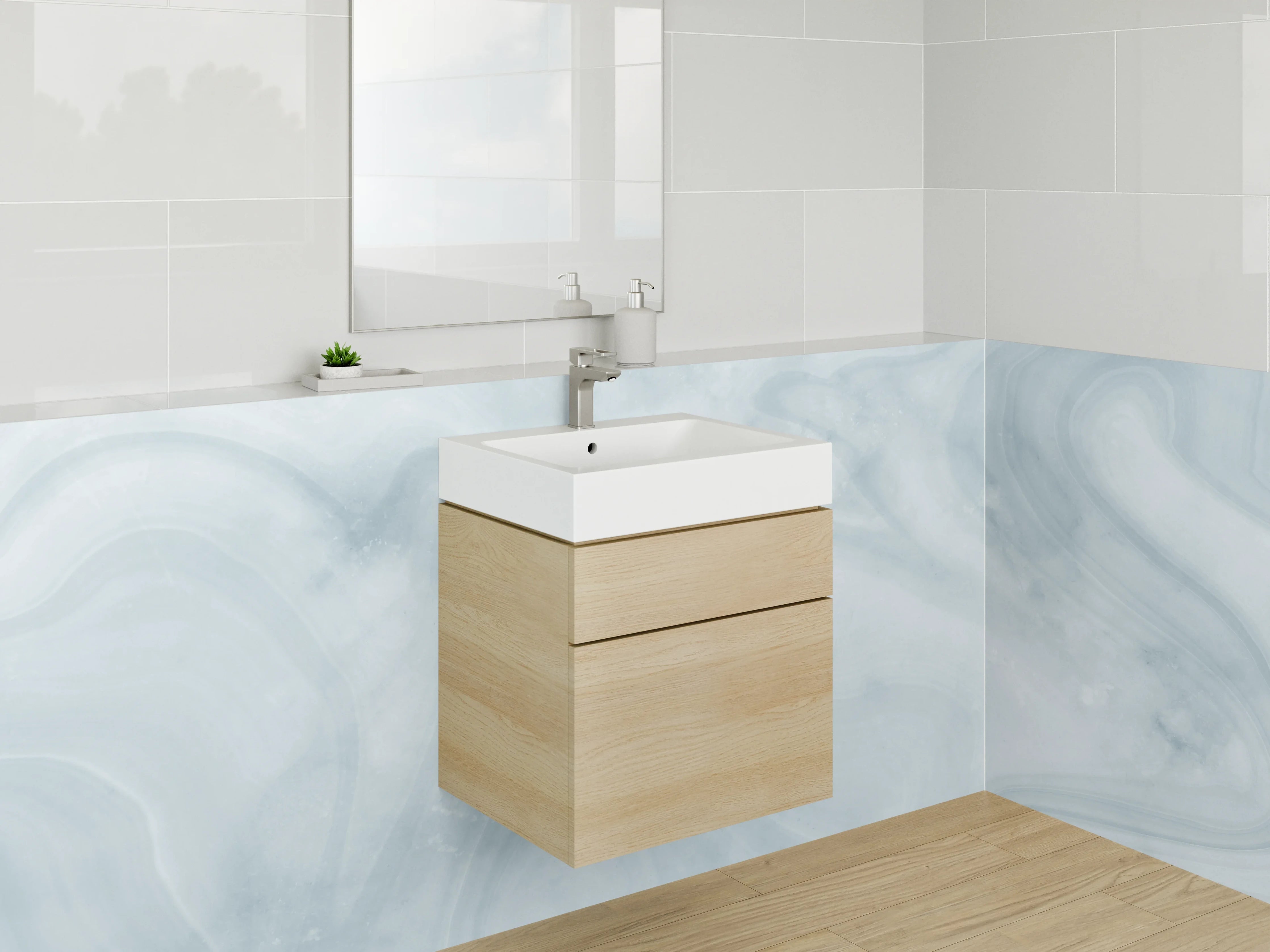 Waschbecken-Rückwand - Elegante weiße Marmoroptik mit Grautönen