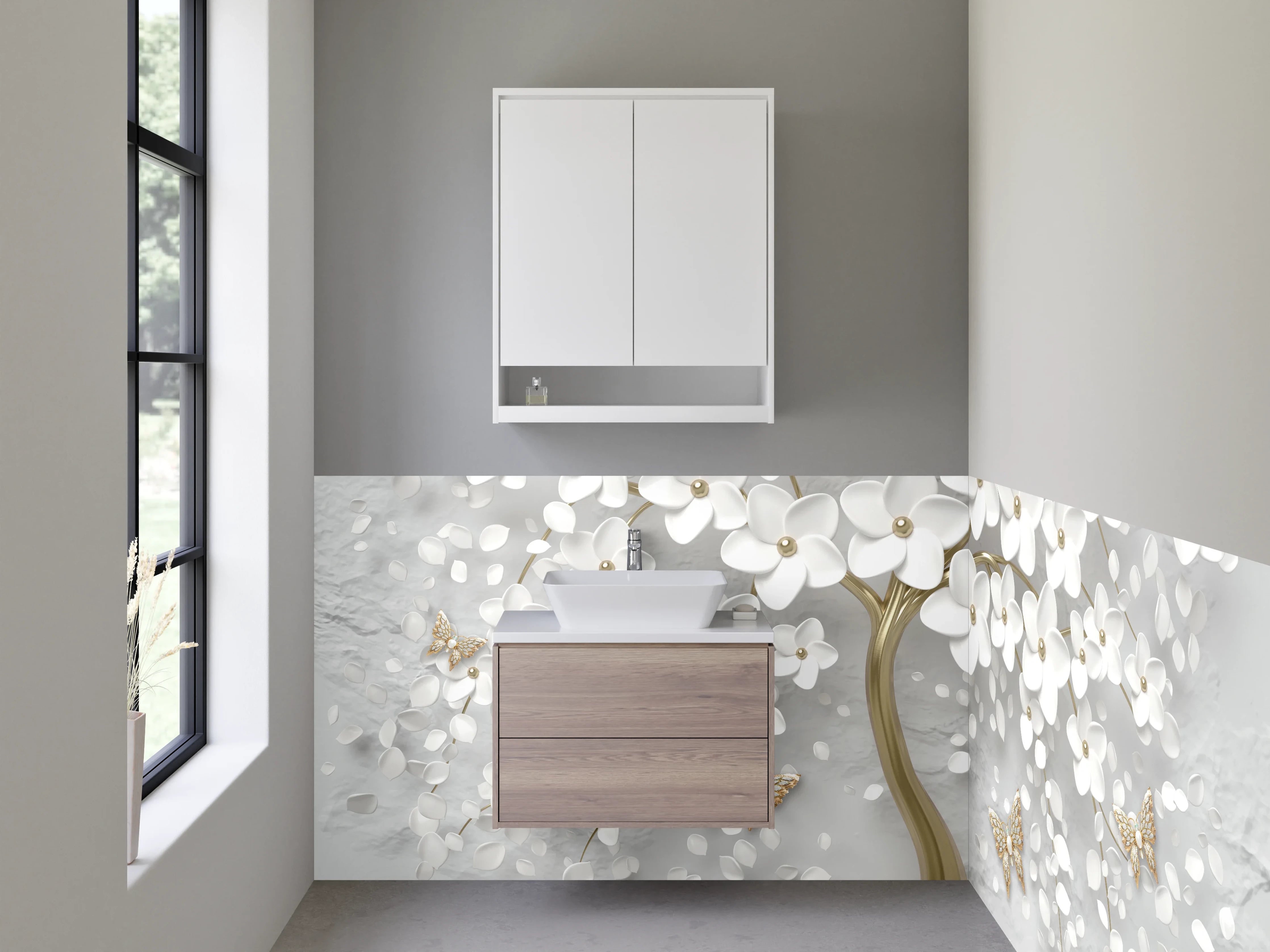 Waschbecken-Rückwand - Eleganter 3D-Blütenbaum in Weiß-Gold