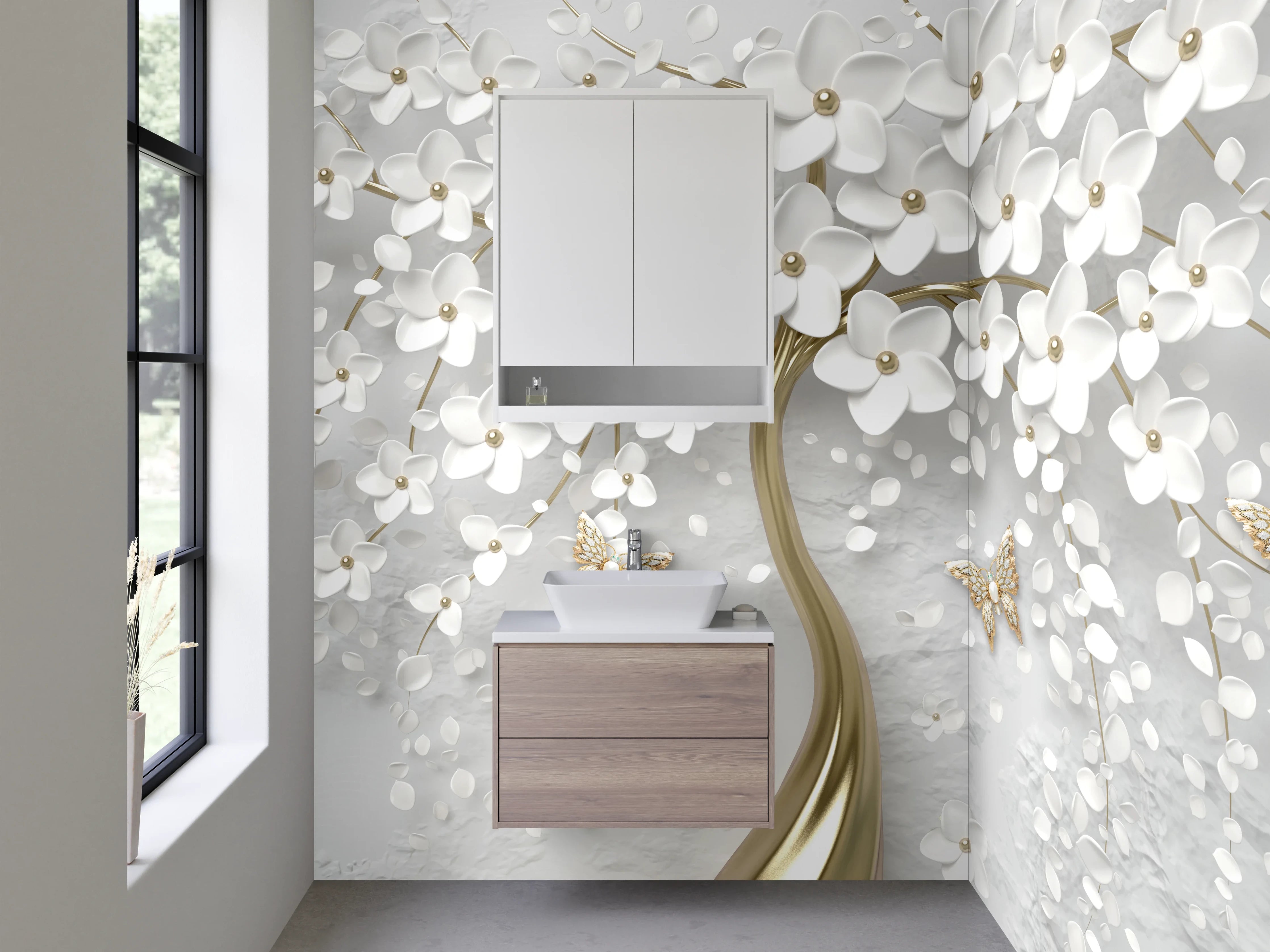 Waschbecken-Rückwand - Eleganter 3D-Blütenbaum in Weiß-Gold
