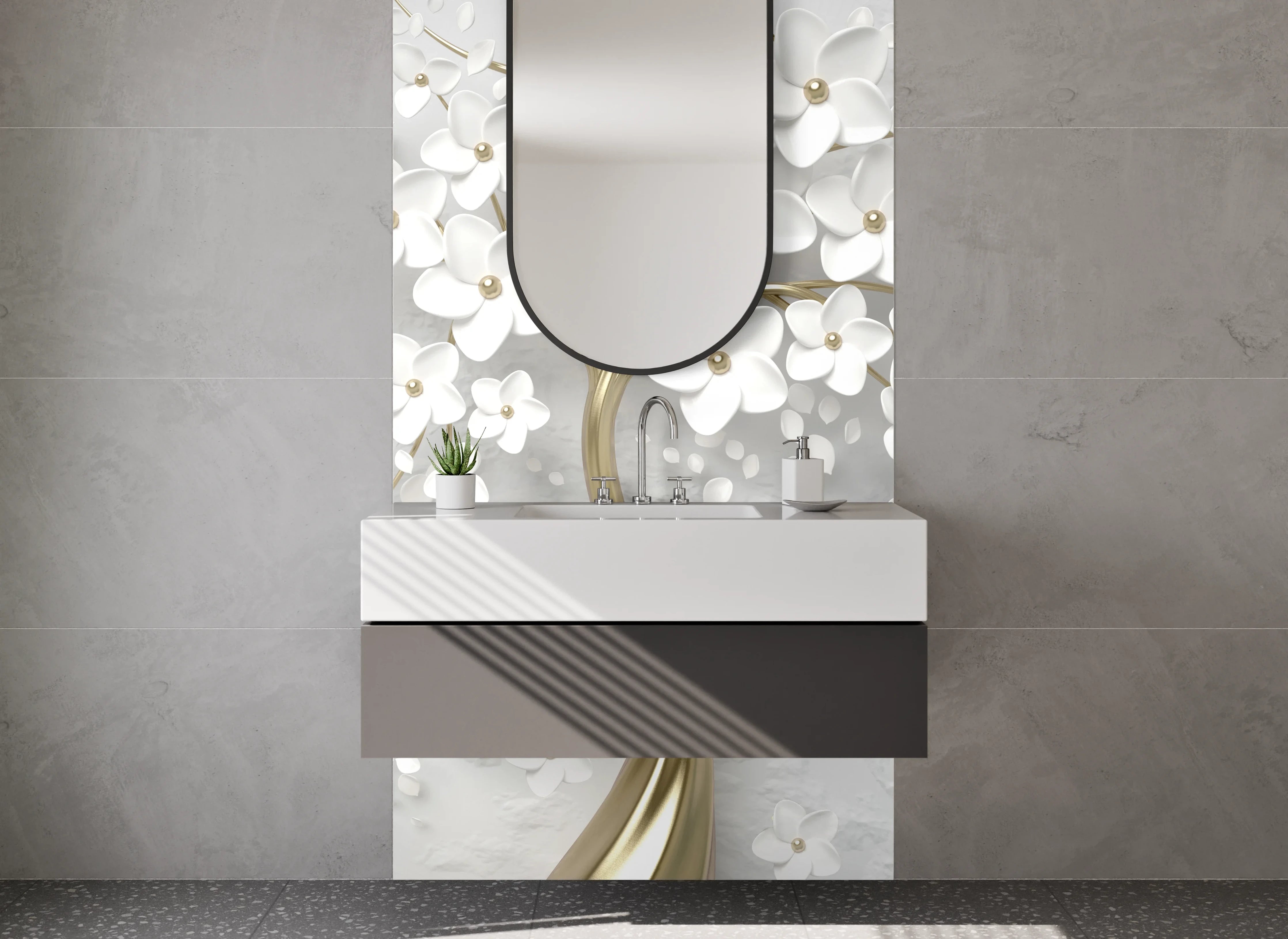 Waschbecken-Rückwand - Eleganter 3D-Blütenbaum in Weiß-Gold