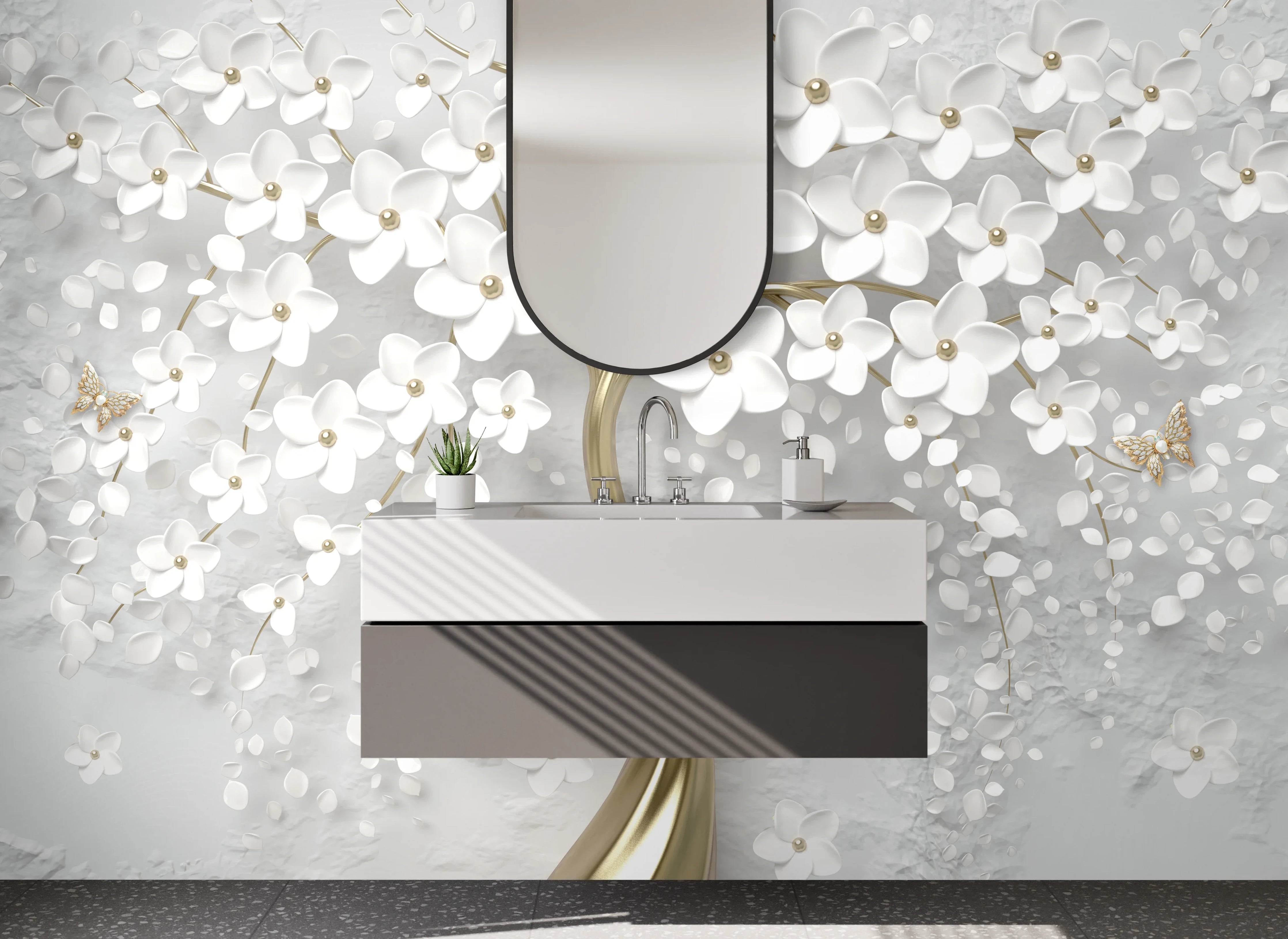 Waschbecken-Rückwand - Eleganter 3D-Blütenbaum in Weiß-Gold