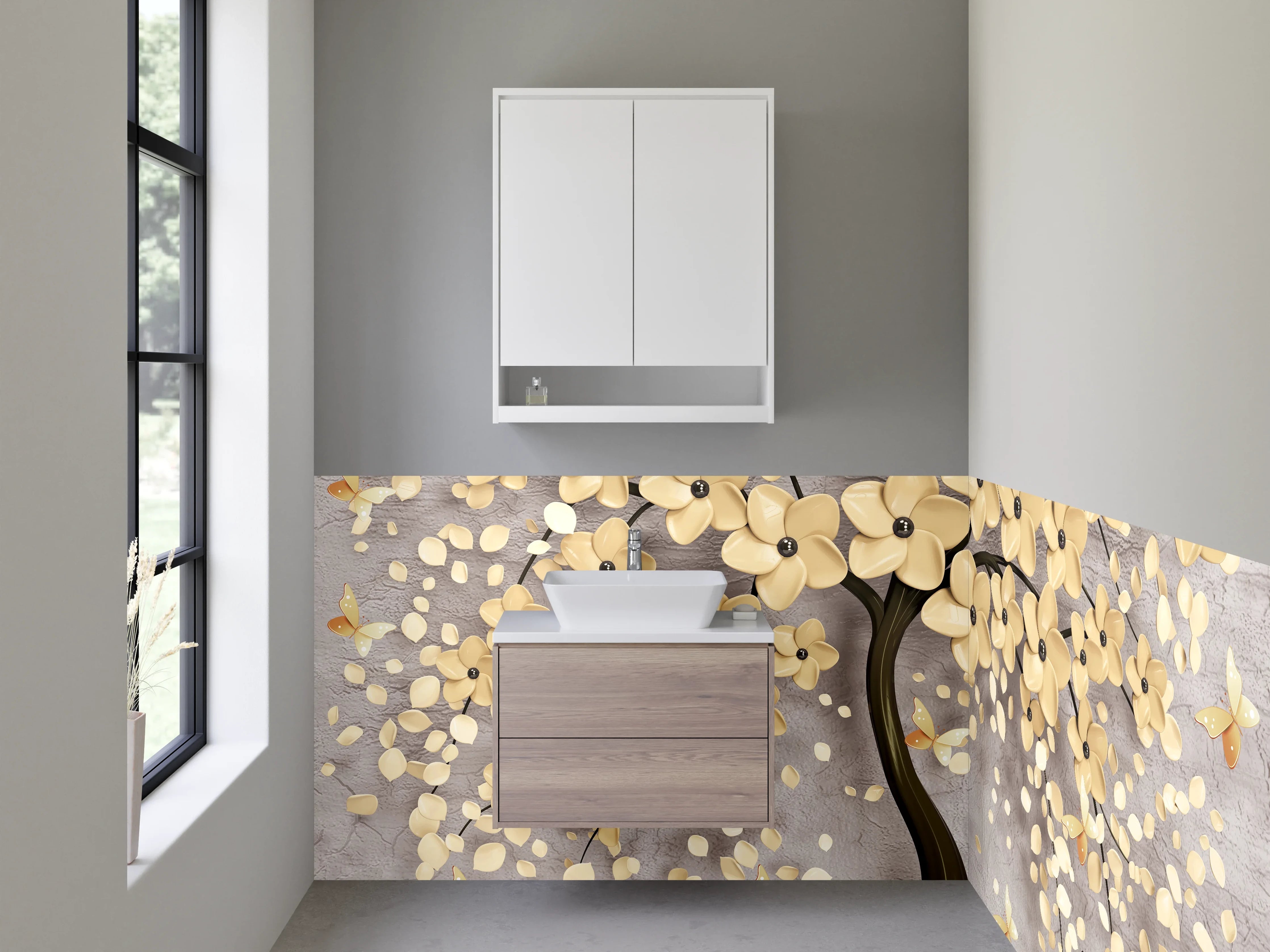 Waschbecken-Rückwand - Eleganter Gold-Blütenbaum mit Hirschen
