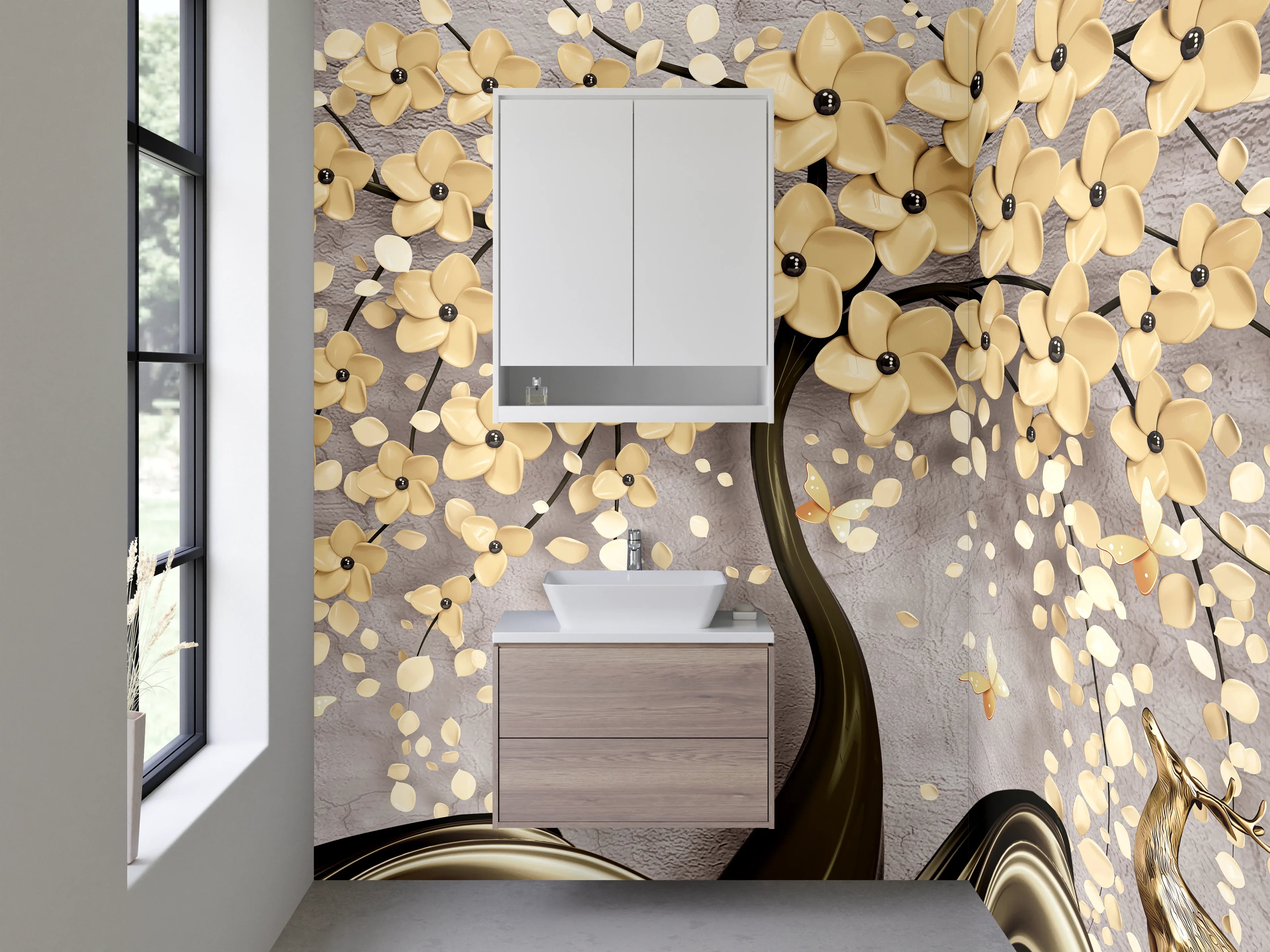 Waschbecken-Rückwand - Eleganter Gold-Blütenbaum mit Hirschen