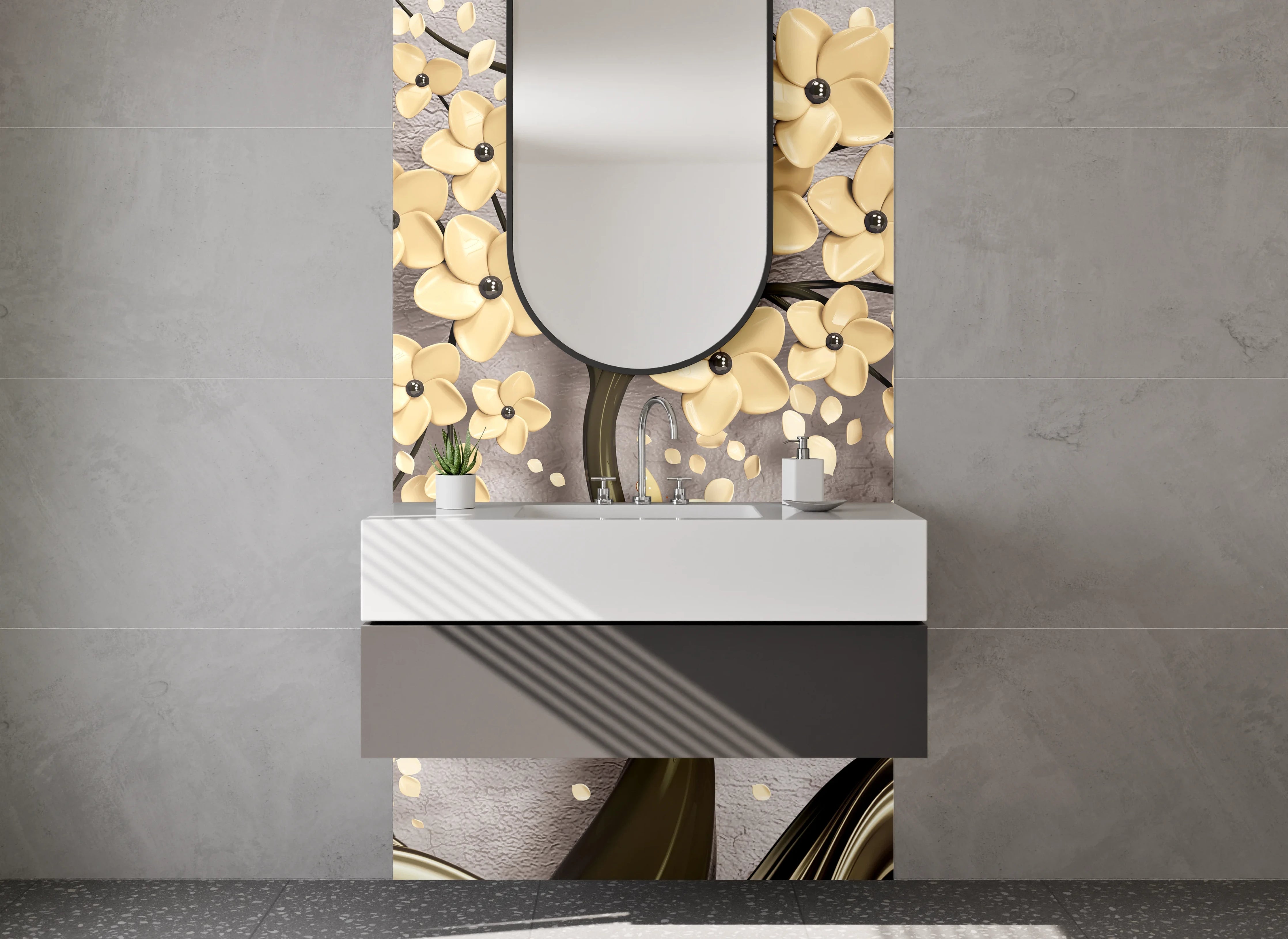 Waschbecken-Rückwand - Eleganter Gold-Blütenbaum mit Hirschen