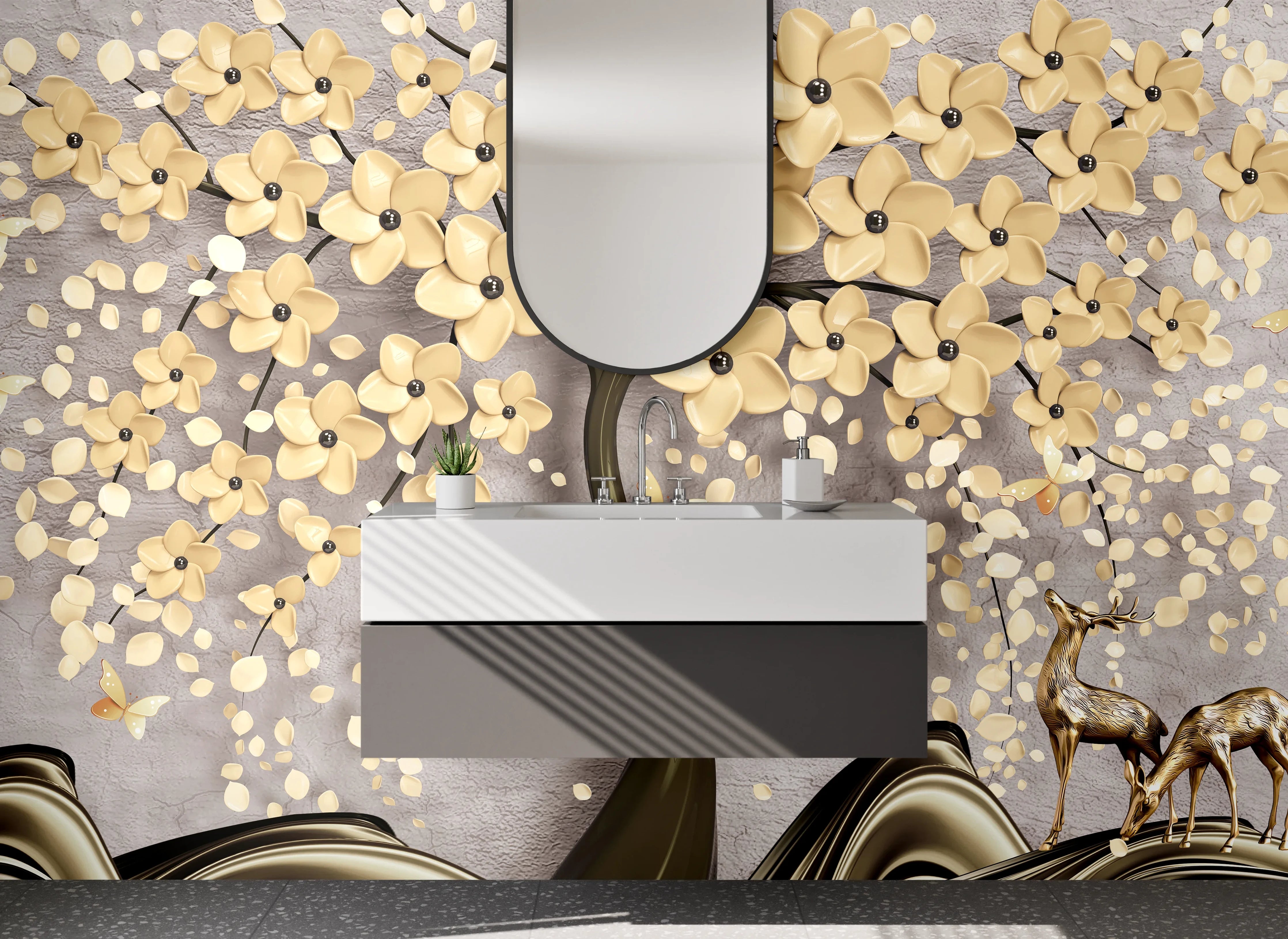Waschbecken-Rückwand - Eleganter Gold-Blütenbaum mit Hirschen
