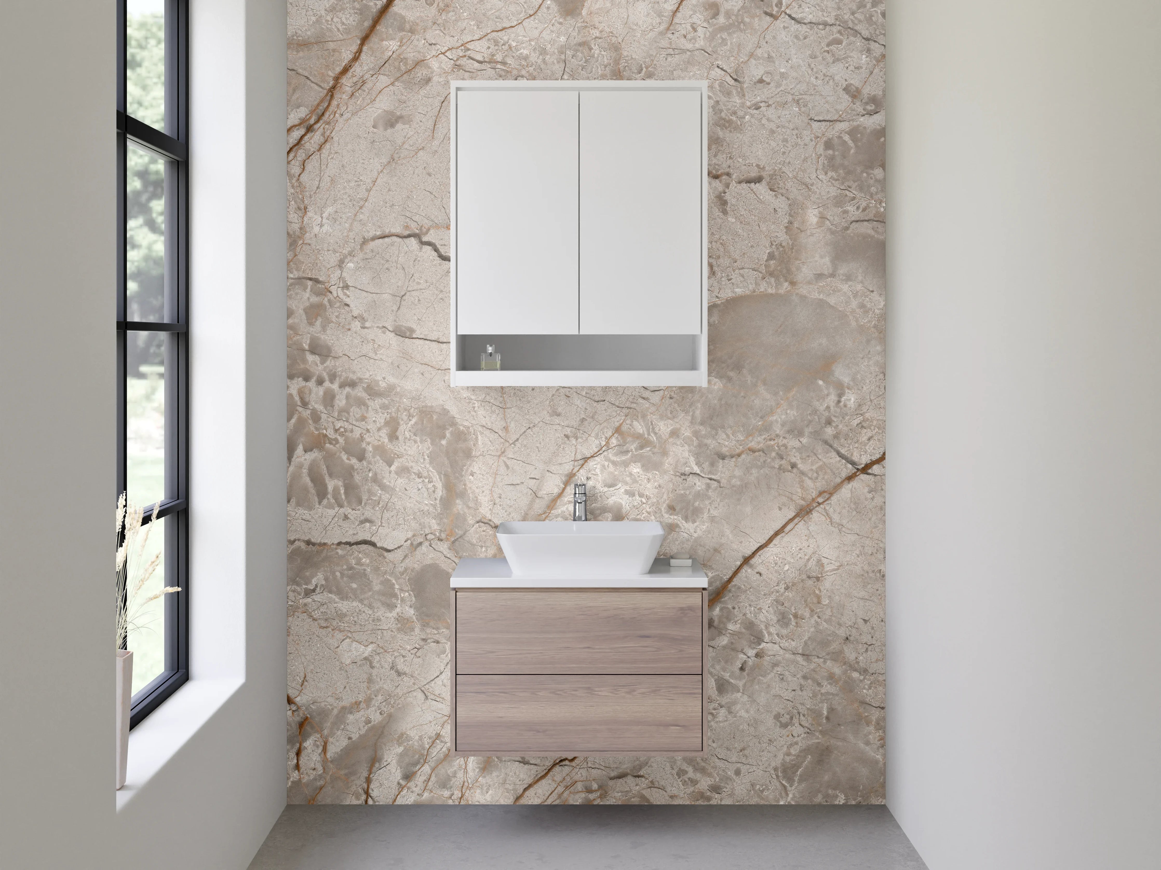 Waschbecken-Rückwand - Eleganter Marmor-Look in Beige und Grau