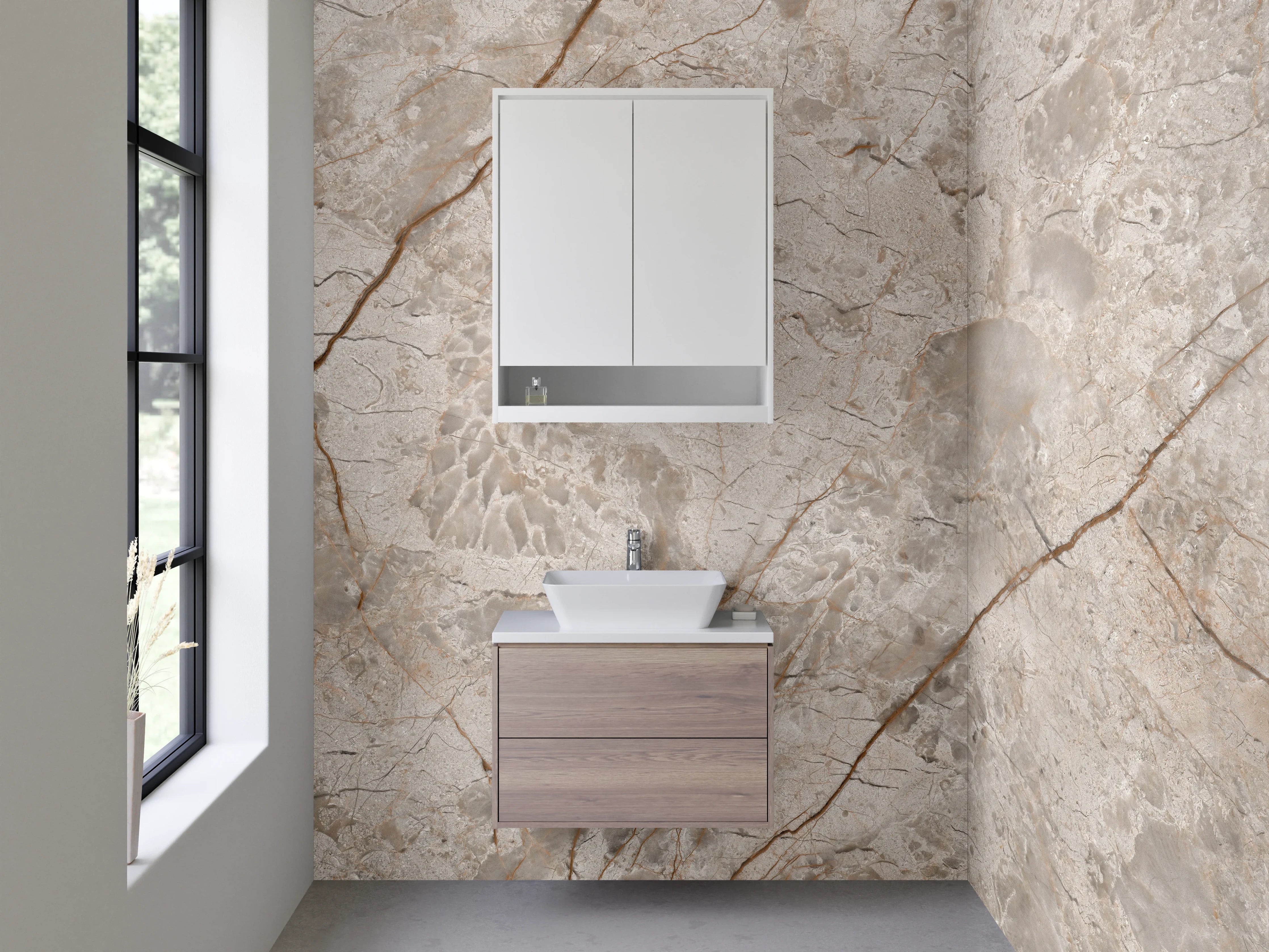 Waschbecken-Rückwand - Eleganter Marmor-Look in Beige und Grau