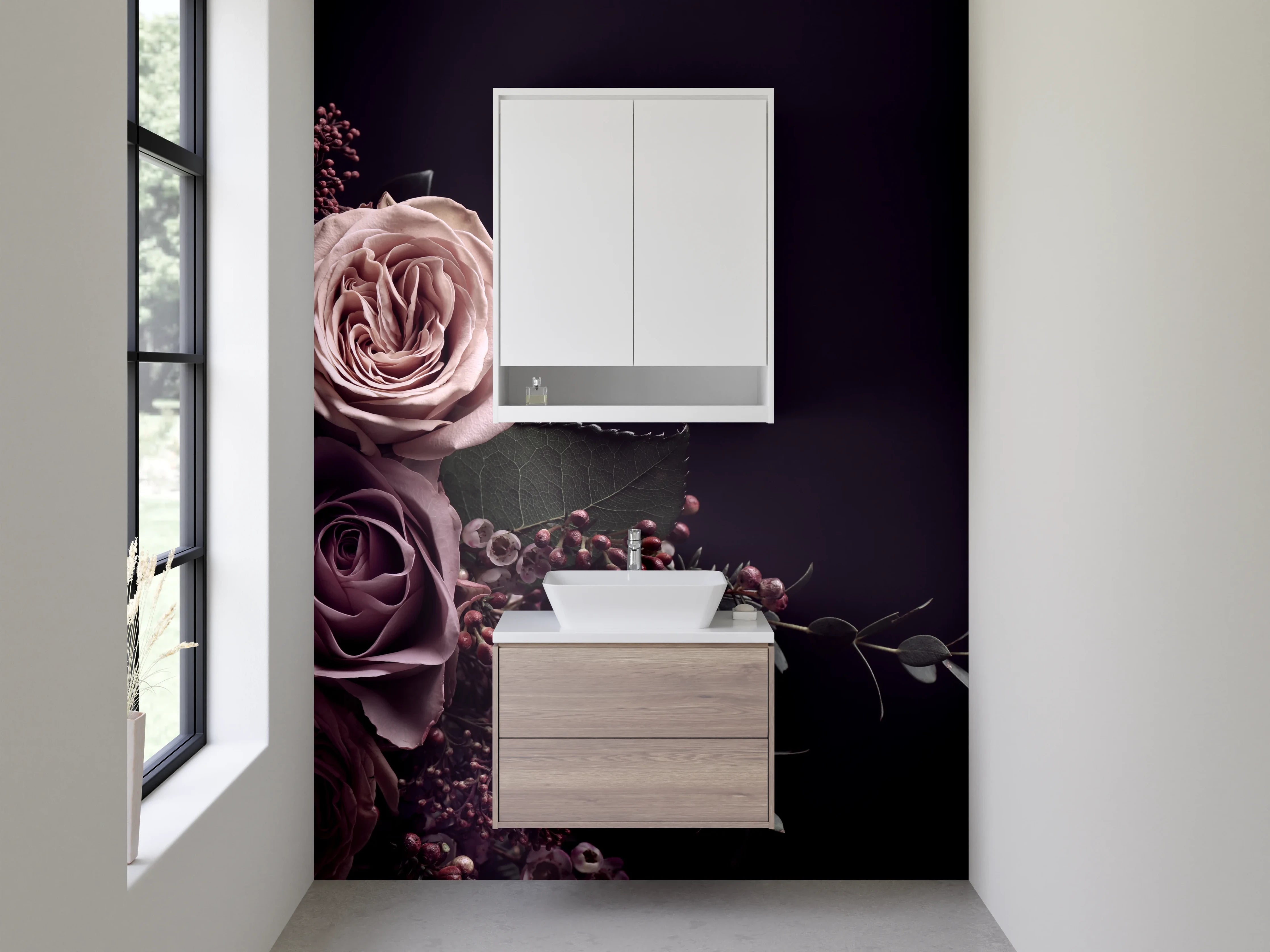 Waschbecken-Rückwand - Eleganter Rosenstrauß auf Dunkelviolett