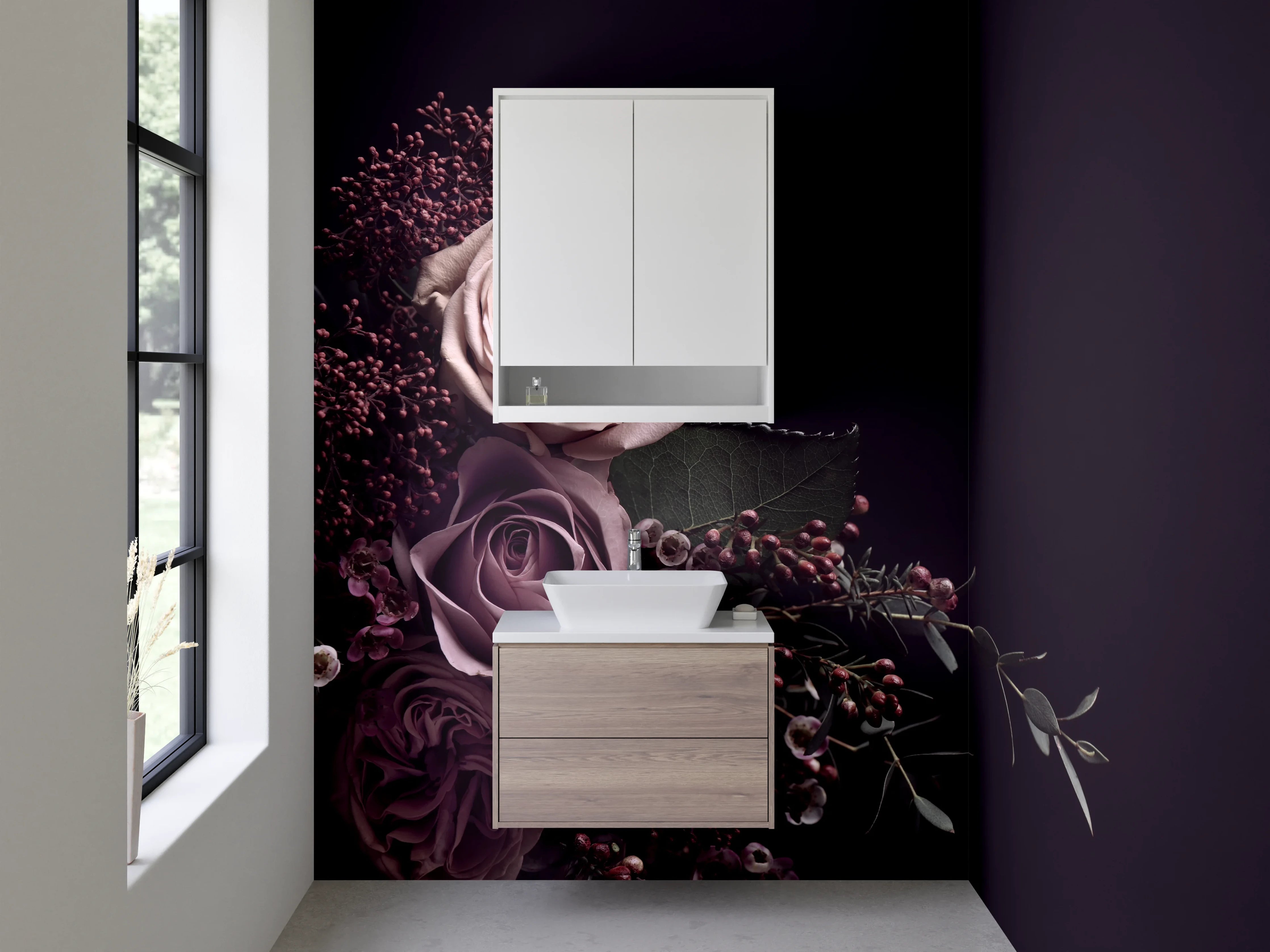 Waschbecken-Rückwand - Eleganter Rosenstrauß auf Dunkelviolett