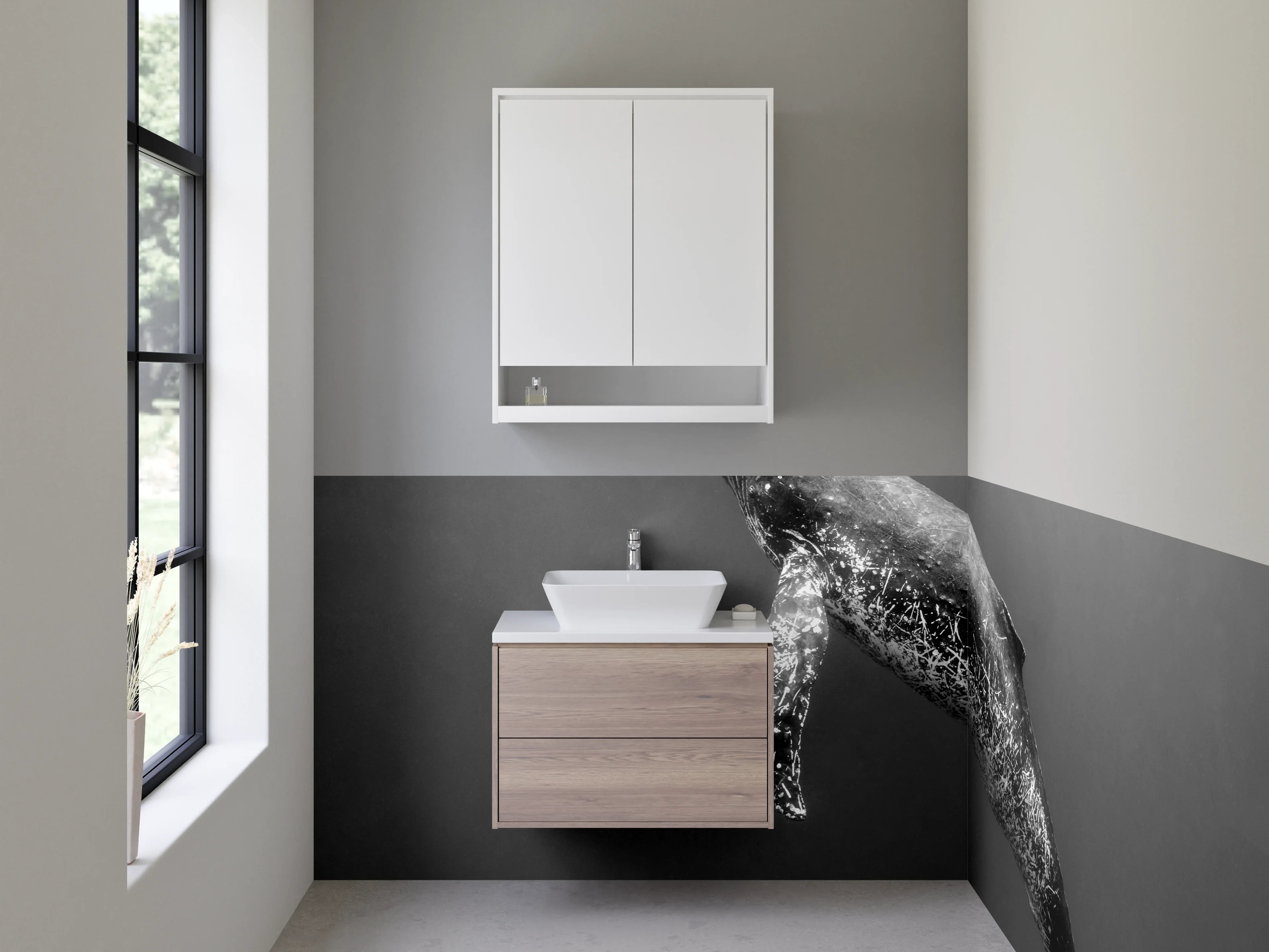 Waschbecken-Rückwand - Eleganter Wal in Schwarz-Weiß