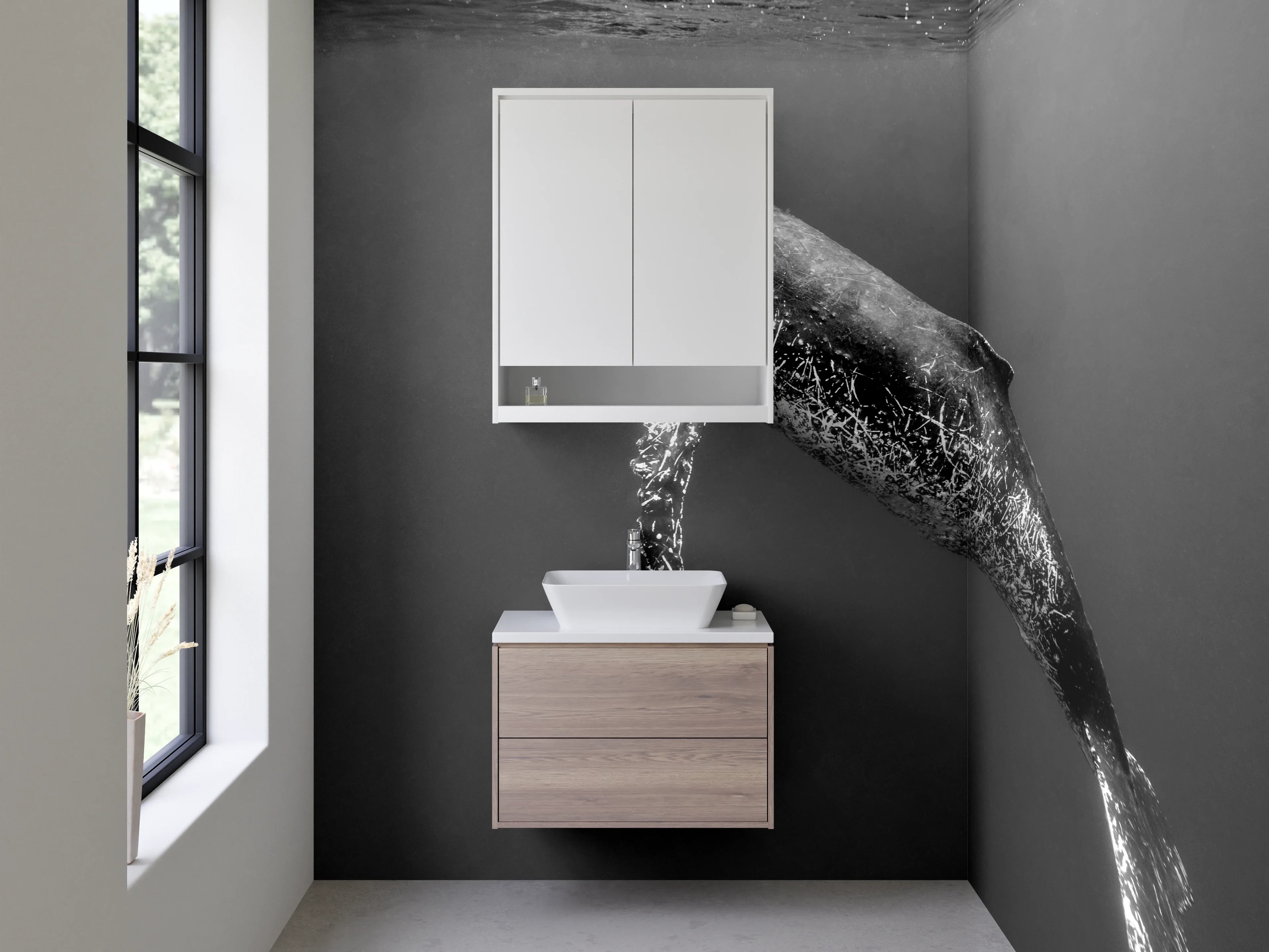 Waschbecken-Rückwand - Eleganter Wal in Schwarz-Weiß