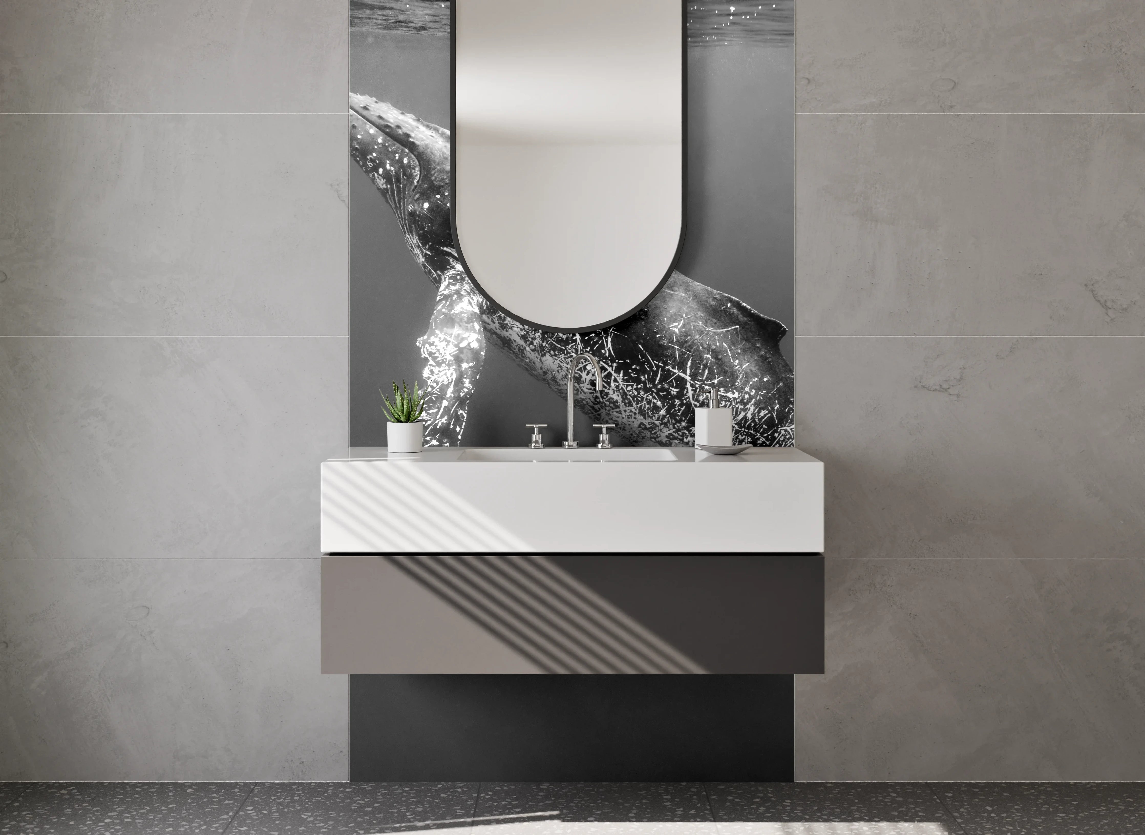 Waschbecken-Rückwand - Eleganter Wal in Schwarz-Weiß