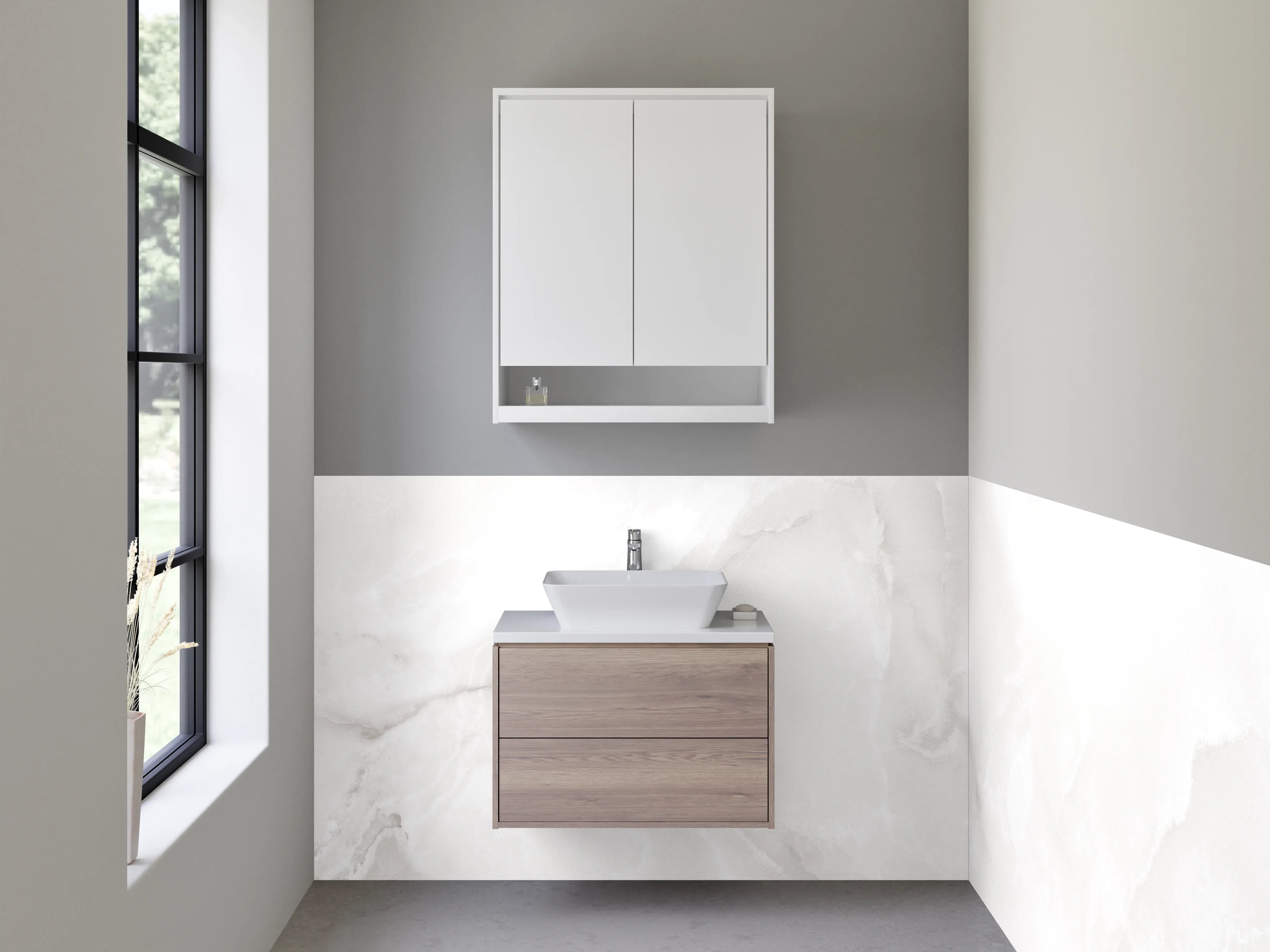 Waschbecken-Rückwand - Eleganter Weiß-Marmor mit Grauschattierung