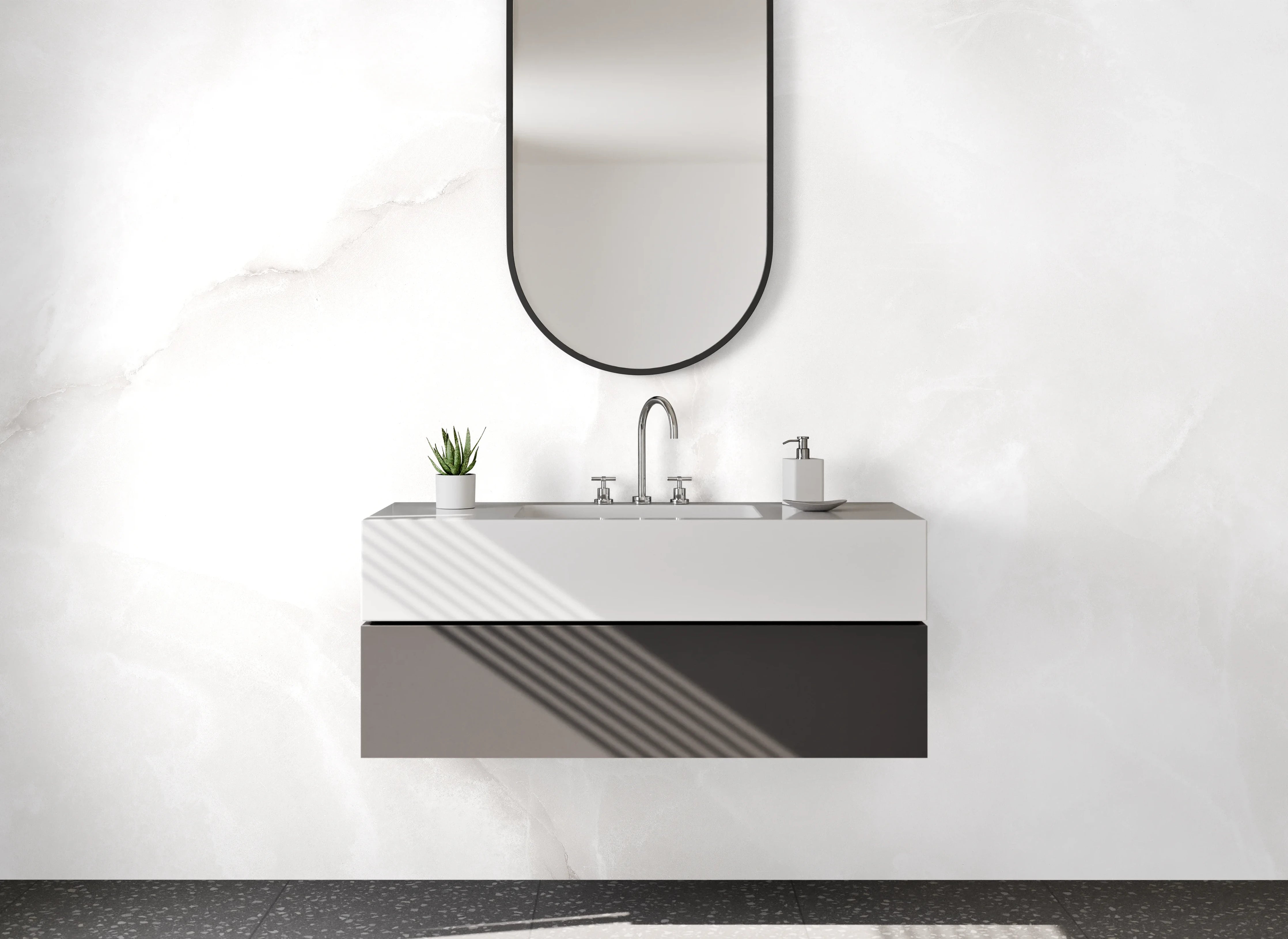 Waschbecken-Rückwand - Eleganter Weiß-Marmor mit Grauschattierung