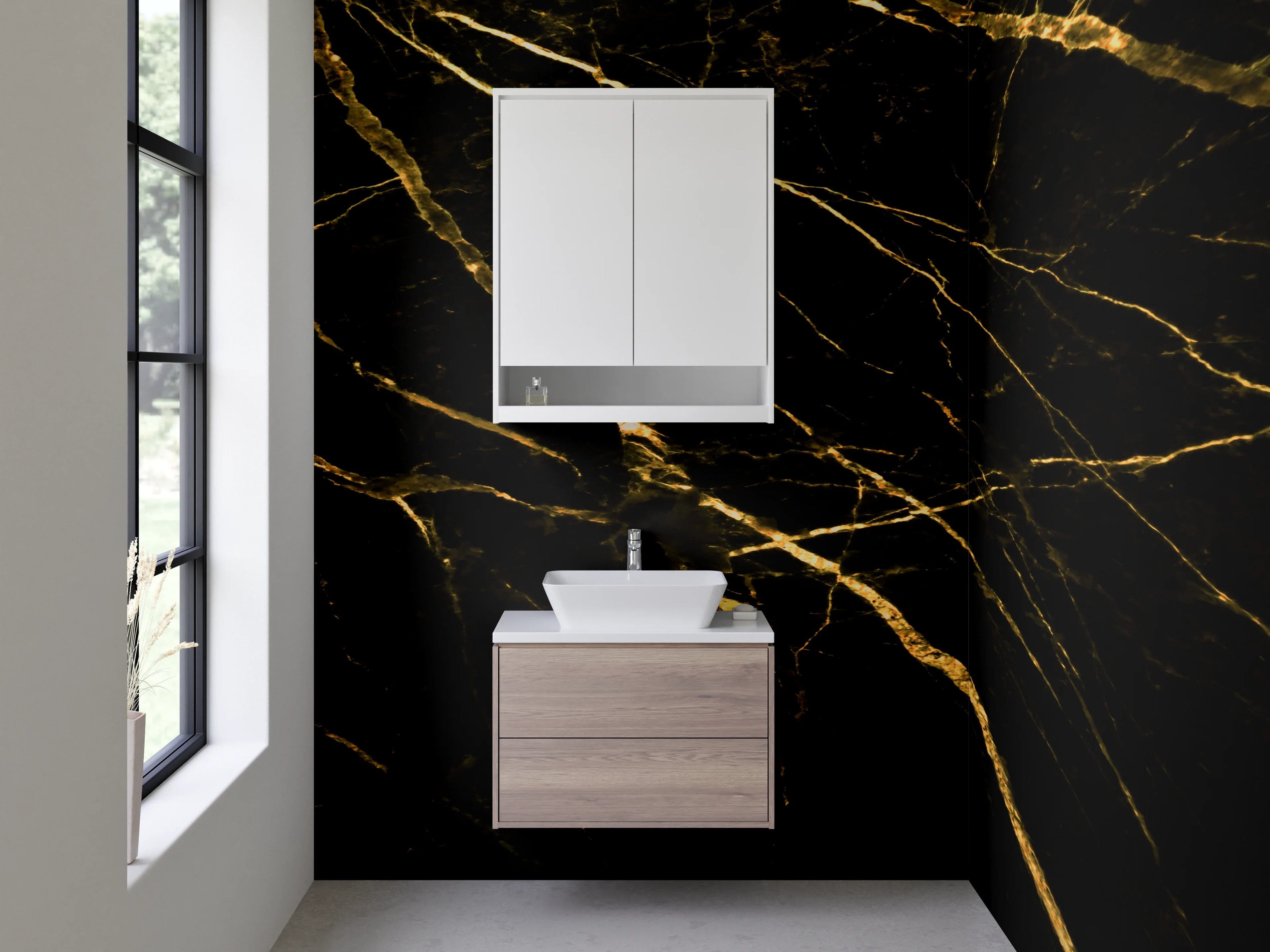 Waschbecken-Rückwand - Eleganter schwarzer Marmor mit goldenen Adern