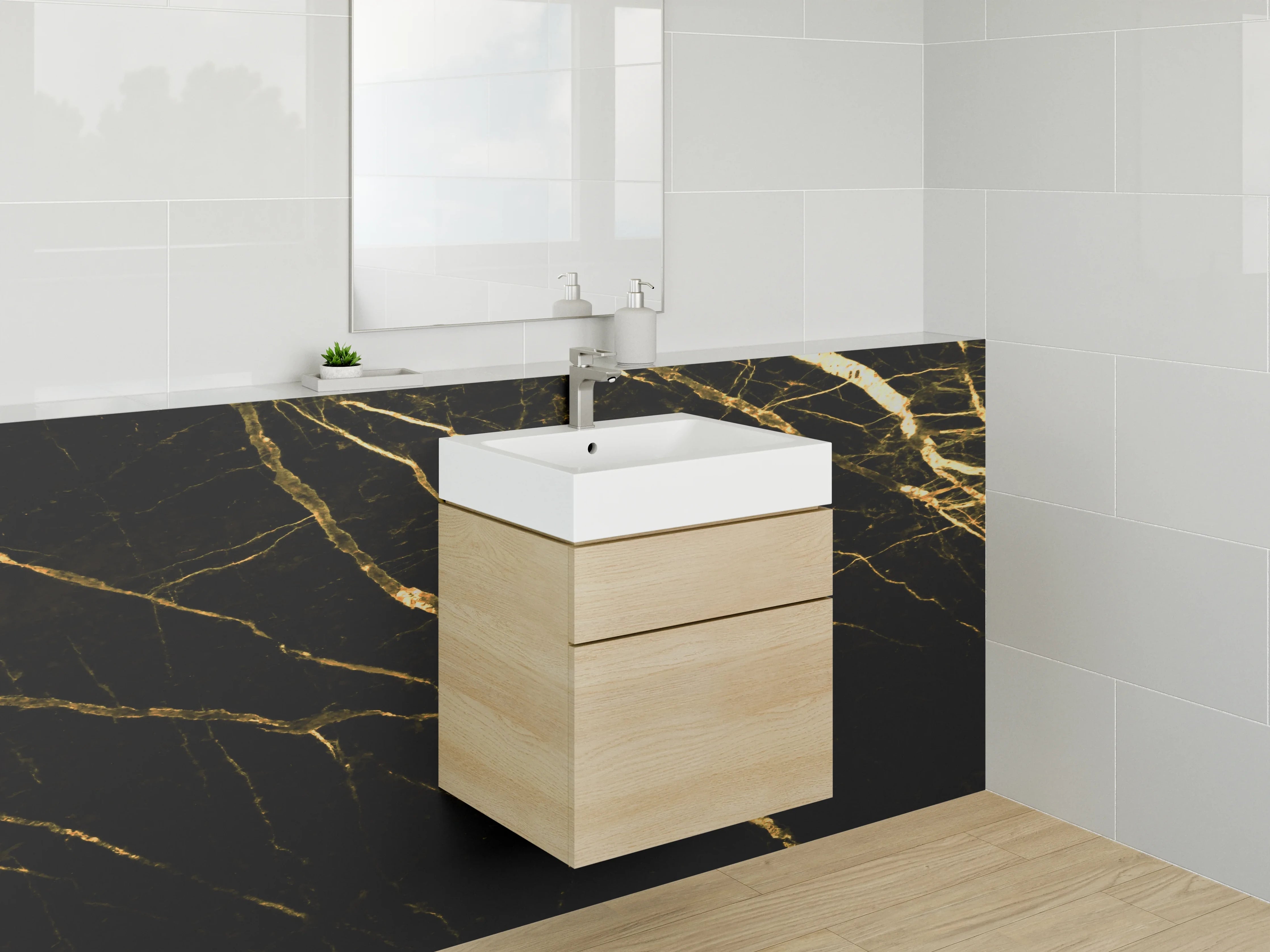Waschbecken-Rückwand - Eleganter schwarzer Marmor mit goldenen Adern