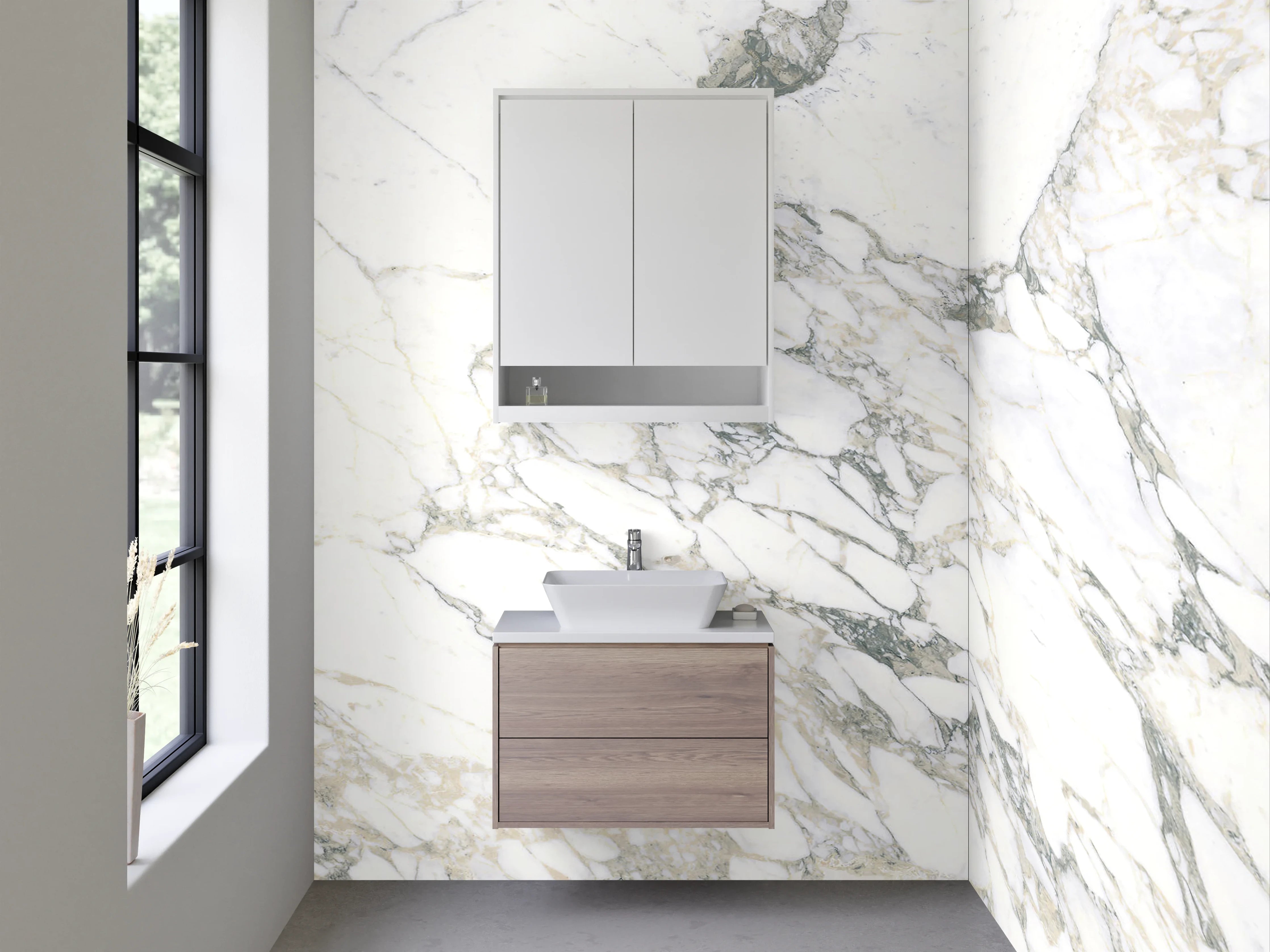 Waschbecken-Rückwand - Eleganter weiß-grauer Marmor Look