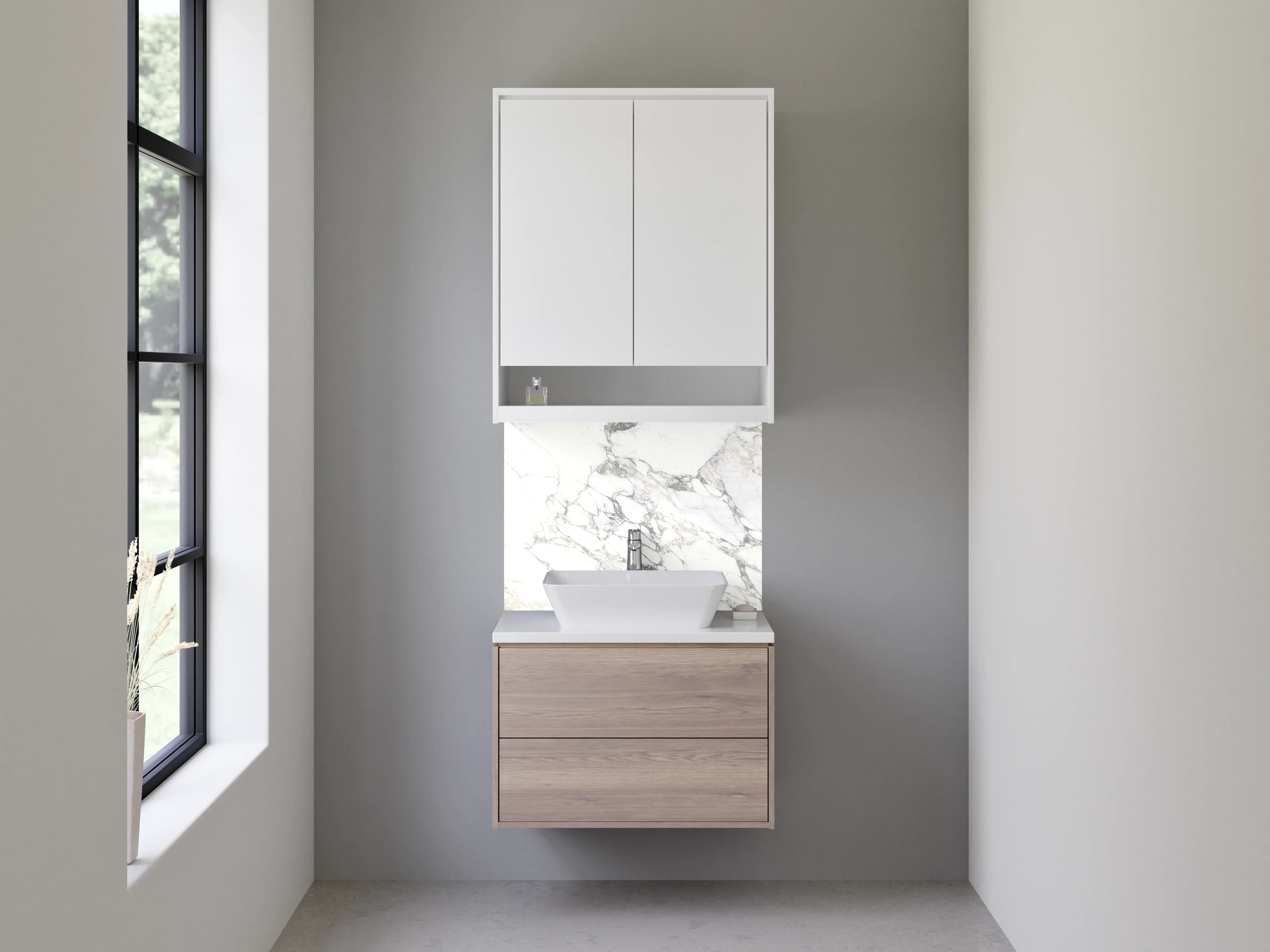 Waschbecken-Rückwand - Eleganter weiß-grauer Marmor Look