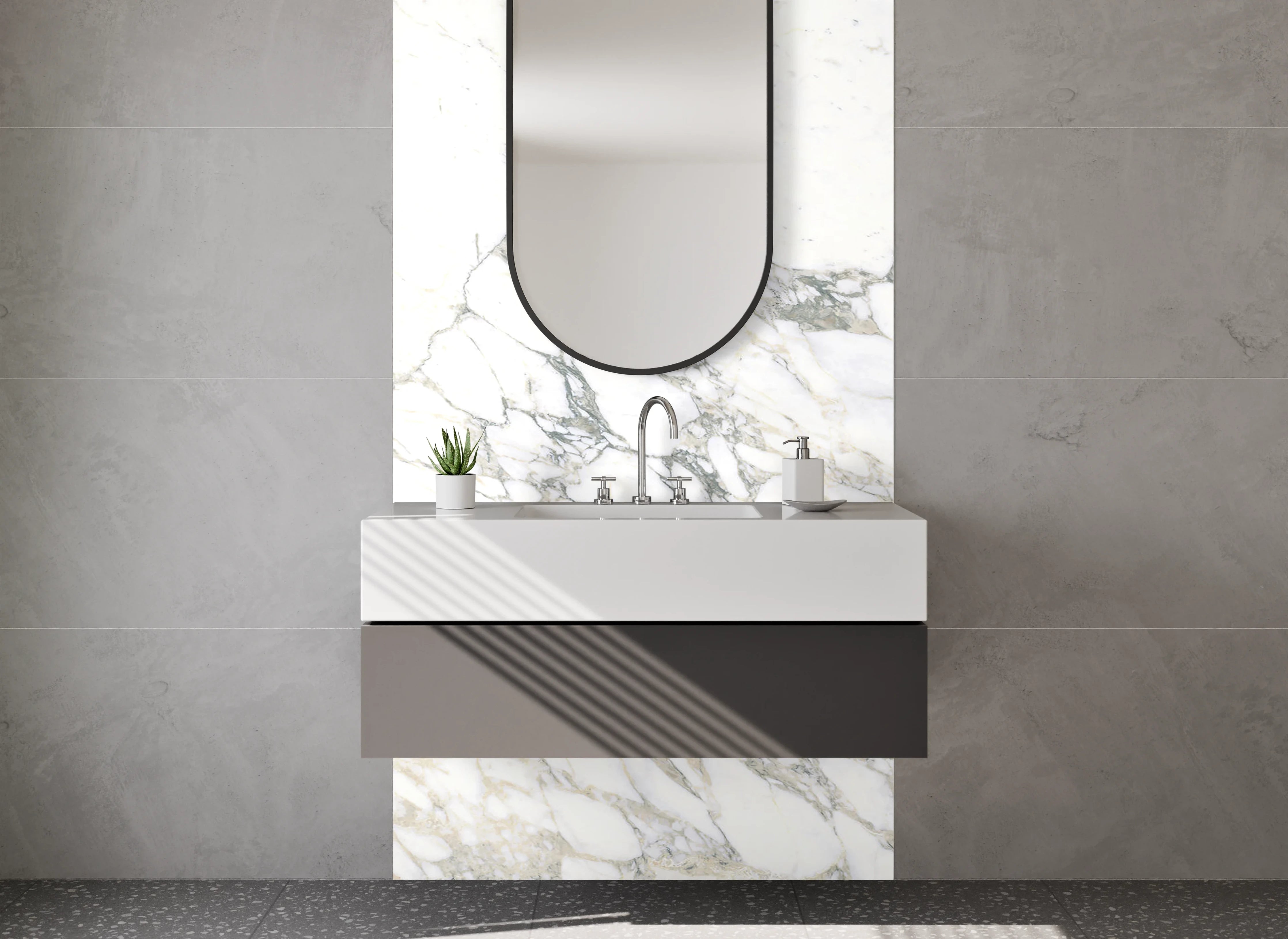 Waschbecken-Rückwand - Eleganter weiß-grauer Marmor Look