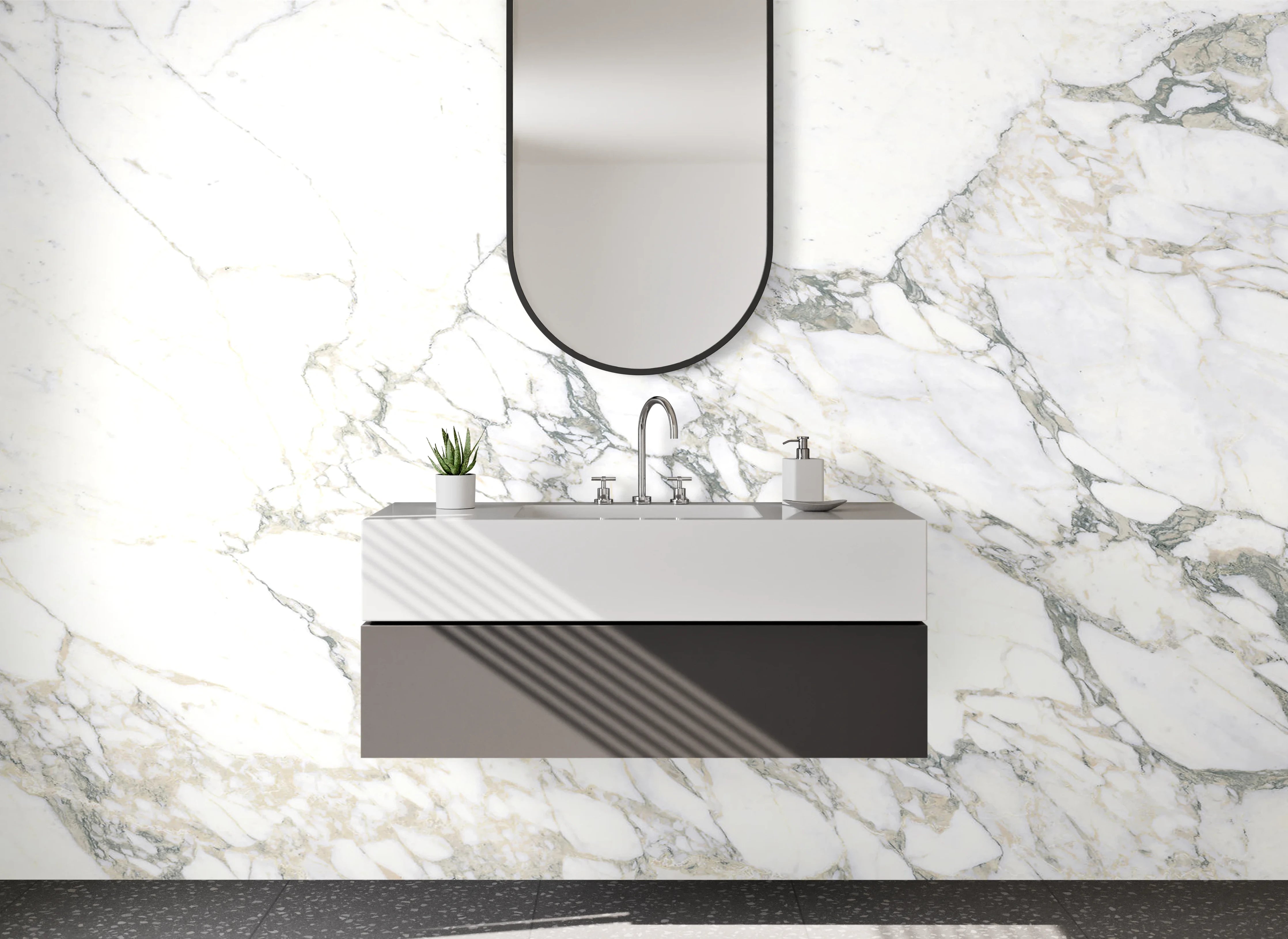 Waschbecken-Rückwand - Eleganter weiß-grauer Marmor Look